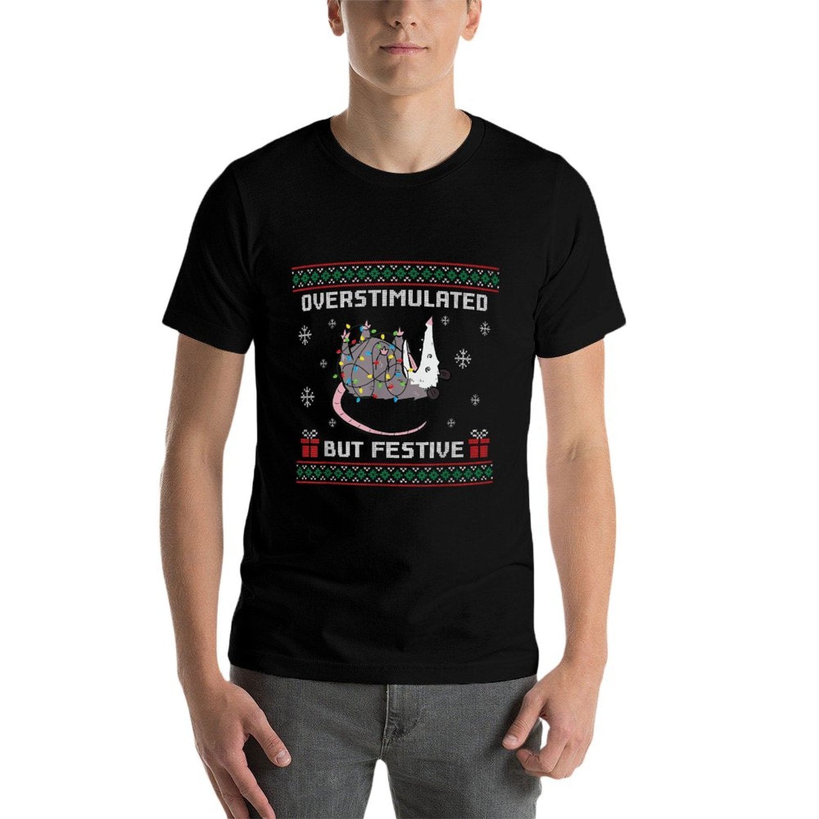 Overstimulated But Festive Possum Ugly Christmas  Heathered Texture T-Shirt