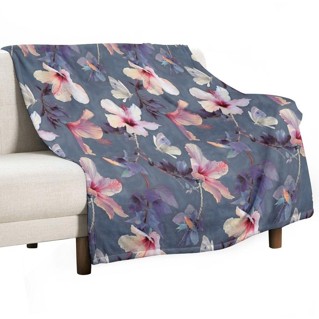 Butterflies And Hibiscus Flowers - A Painted Pattern Plush Throw Blanket