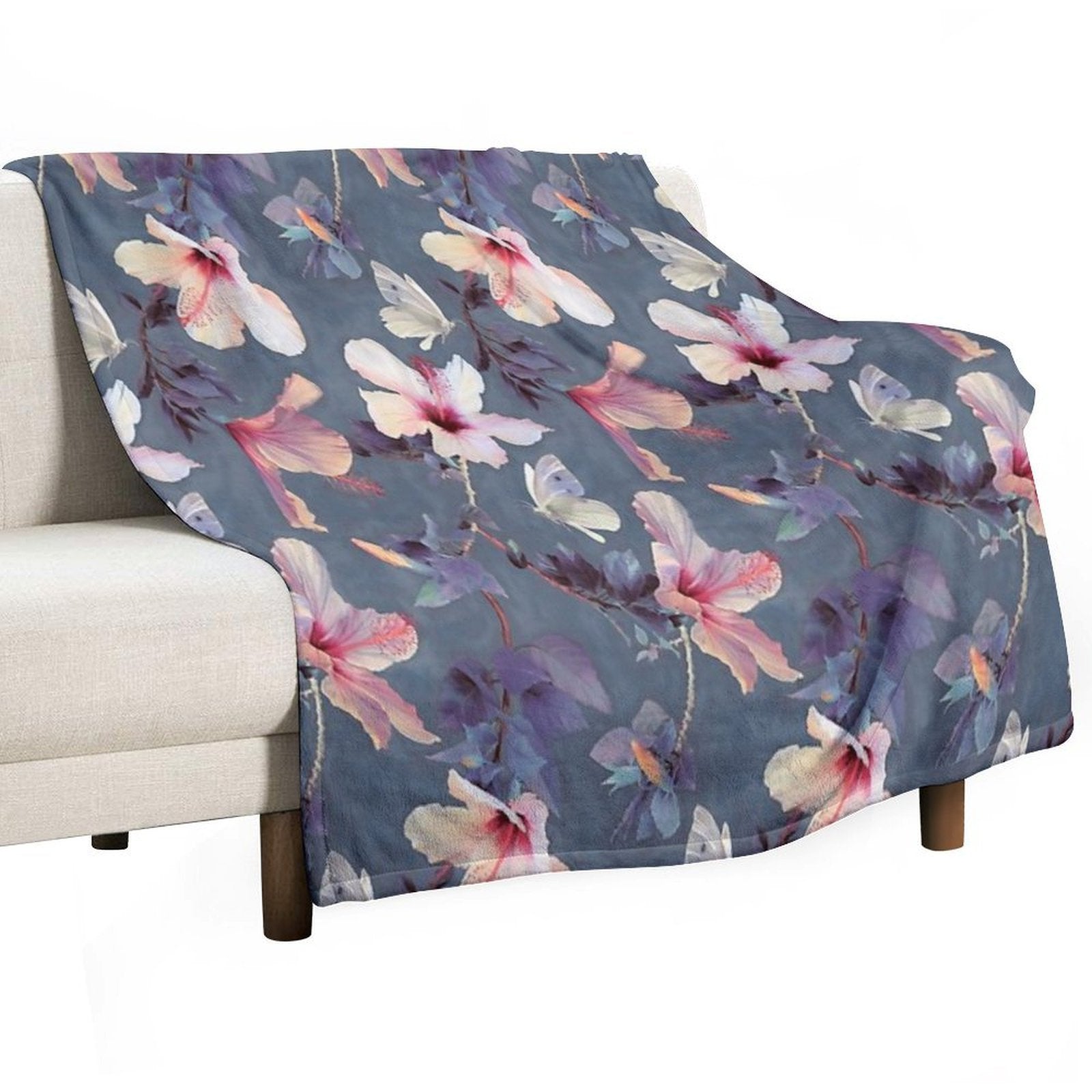 Butterflies And Hibiscus Flowers - A Painted Pattern Plush Throw Blanket