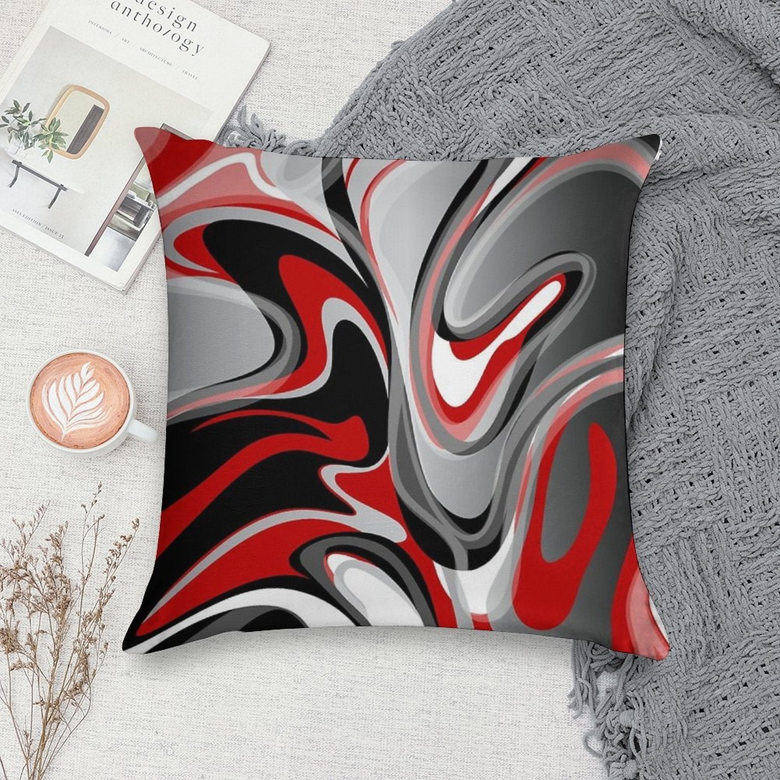 Liquify - Red, Gray, Black, White Soft Short Plush Fabric Throw Pillow