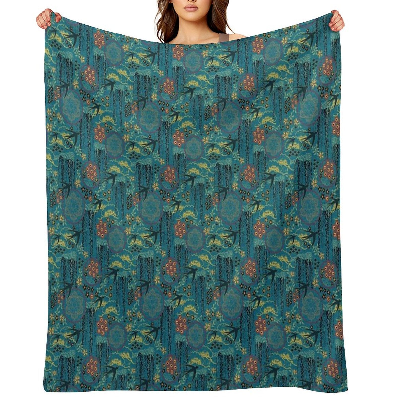 Japanese Garden in Teal Gold Red And Black Gift-ready Throw Blanket