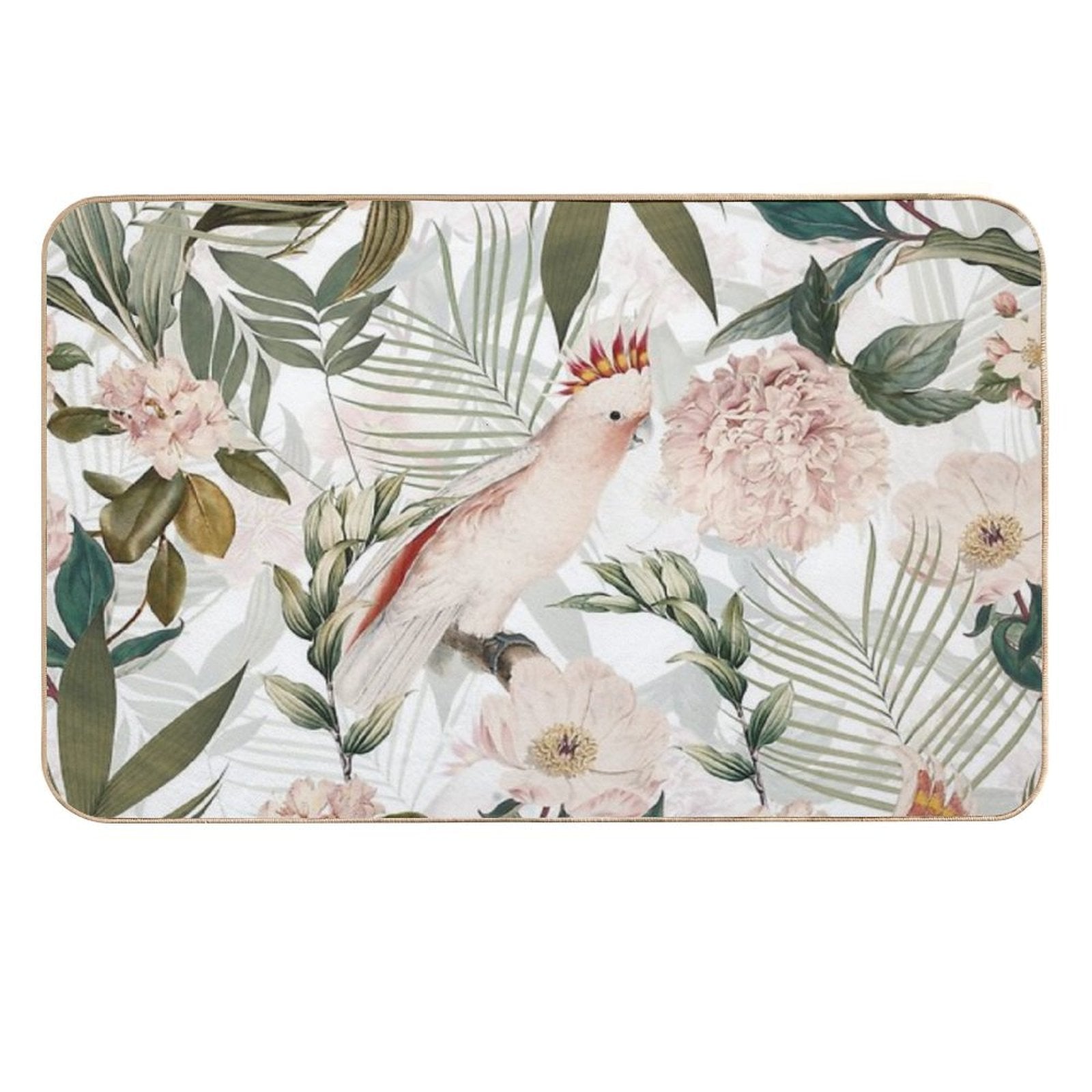 Tropical Cockatoo And Jungle Botanical Garden Pattern - White  Non-Slip Bath Mat