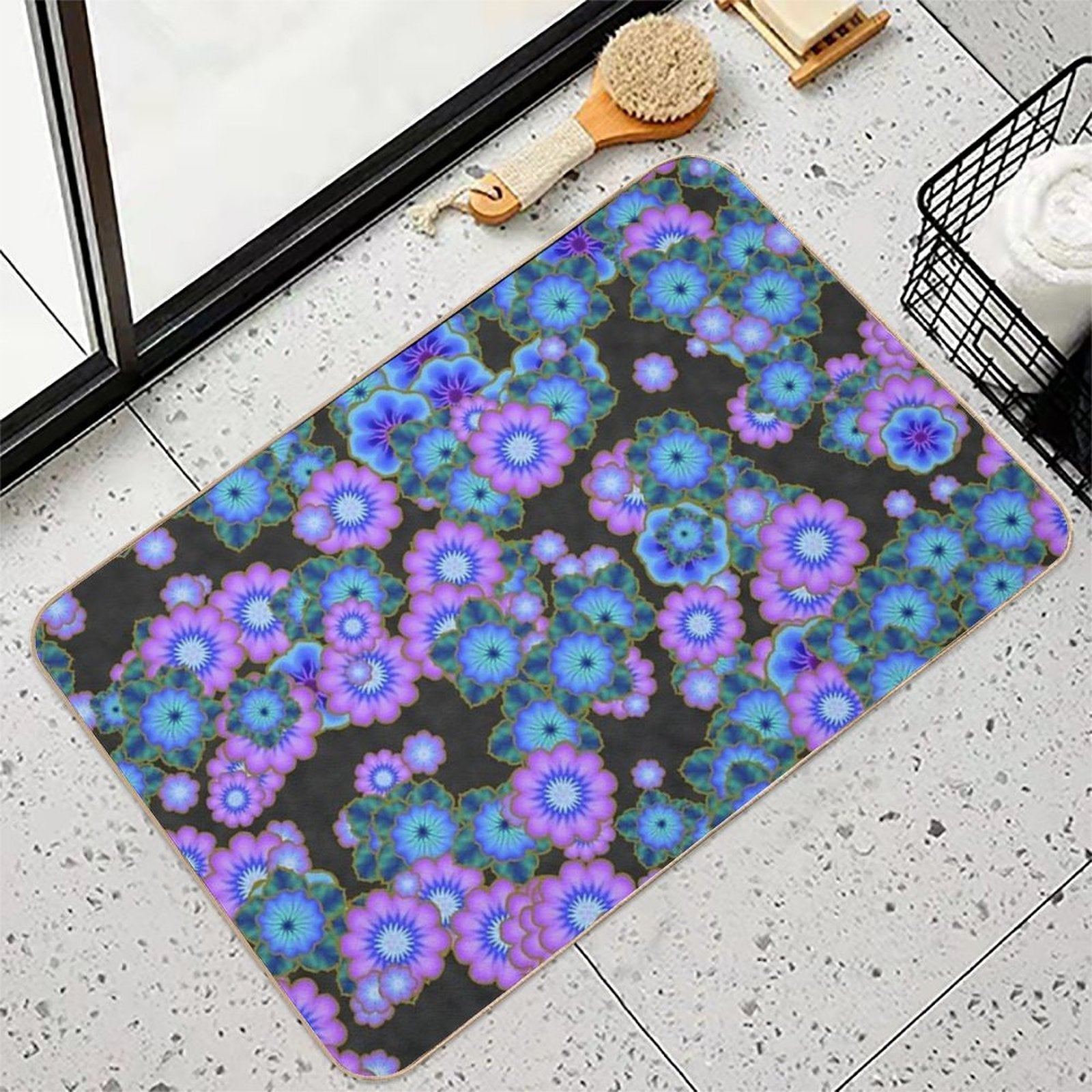 Black Blue And Purple Retro Flowers  Versatile Bath Mat