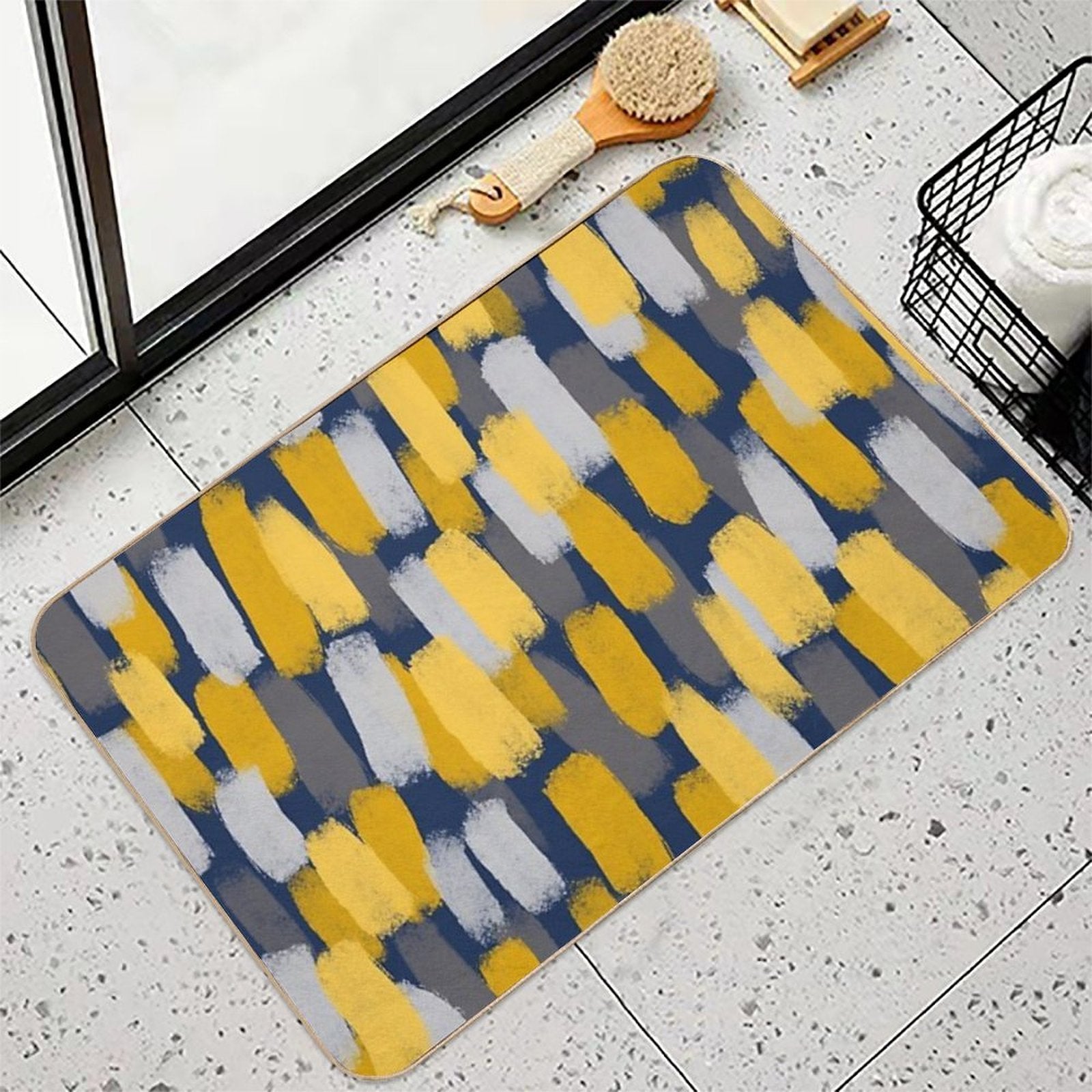Abstract Grey And Mustard Yellow Paint Brush Effect on Navy Blue  Stain-Proof Bath Mat