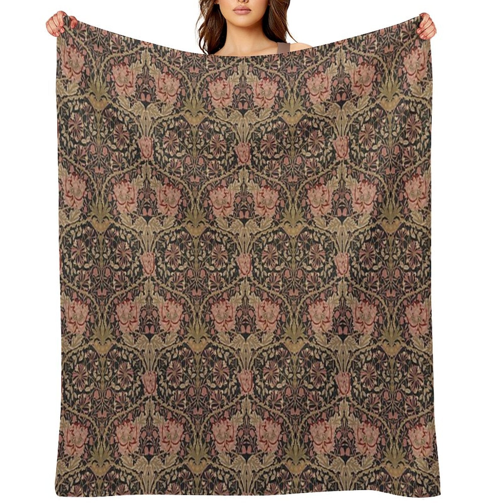 Honeysuckle Trellis Rich Black William Morris Pattern Compact Throw Blanket