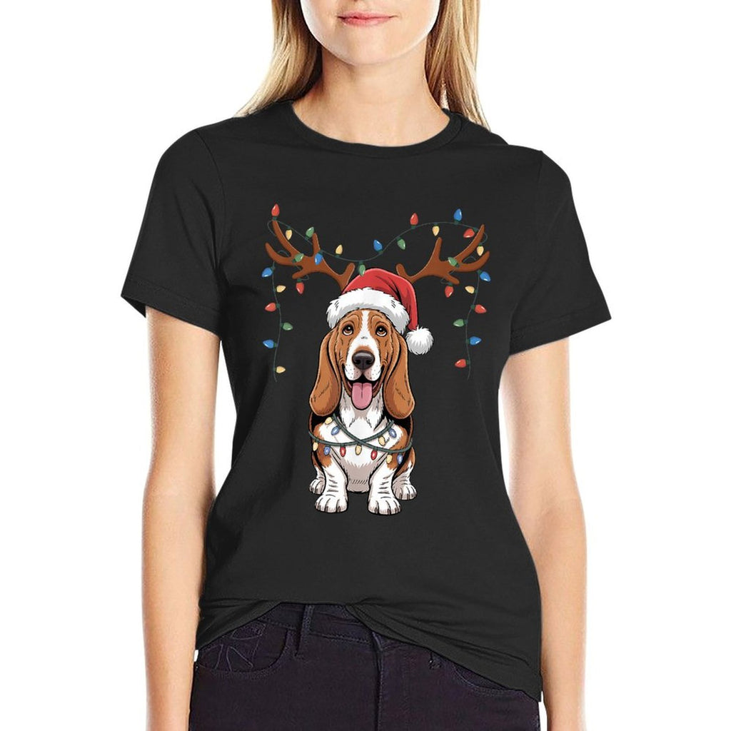 Basset Hound Dog Santa Reindeer Xmas Lights Pet Dogs Lover  Rolled Sleeves T-Shirt