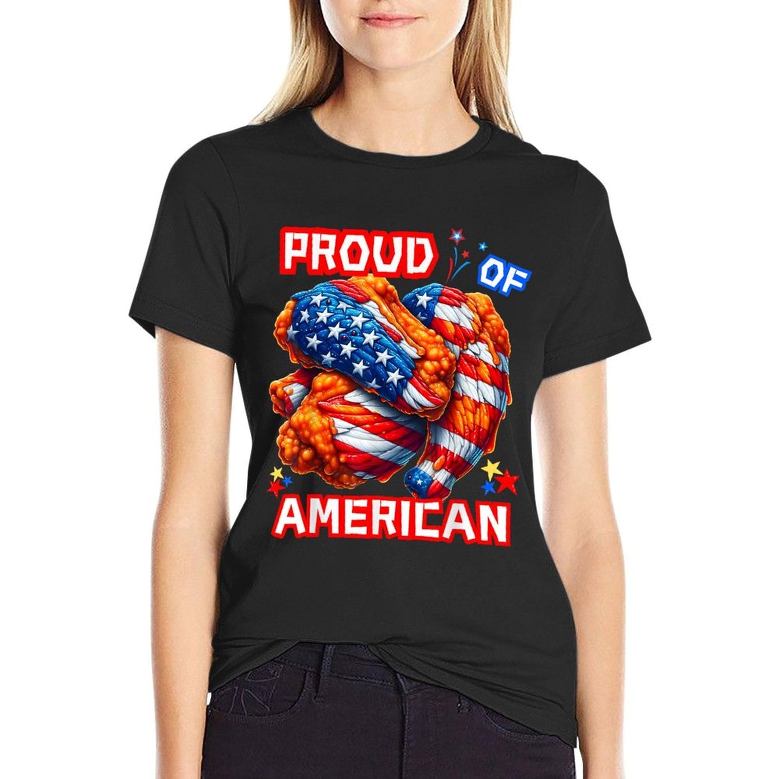 Proud of American Buffalo Wings Food Lover Funny 4th July US  Rolled Sleeves T-Shirt