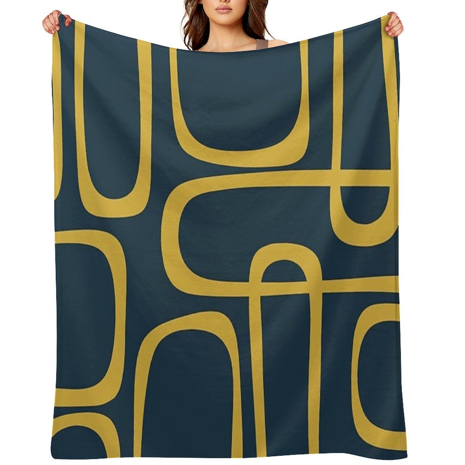 Midcentury Modern Loops Retro Pattern in Light Mustard And Navy Blue Lightweight Throw Blanket