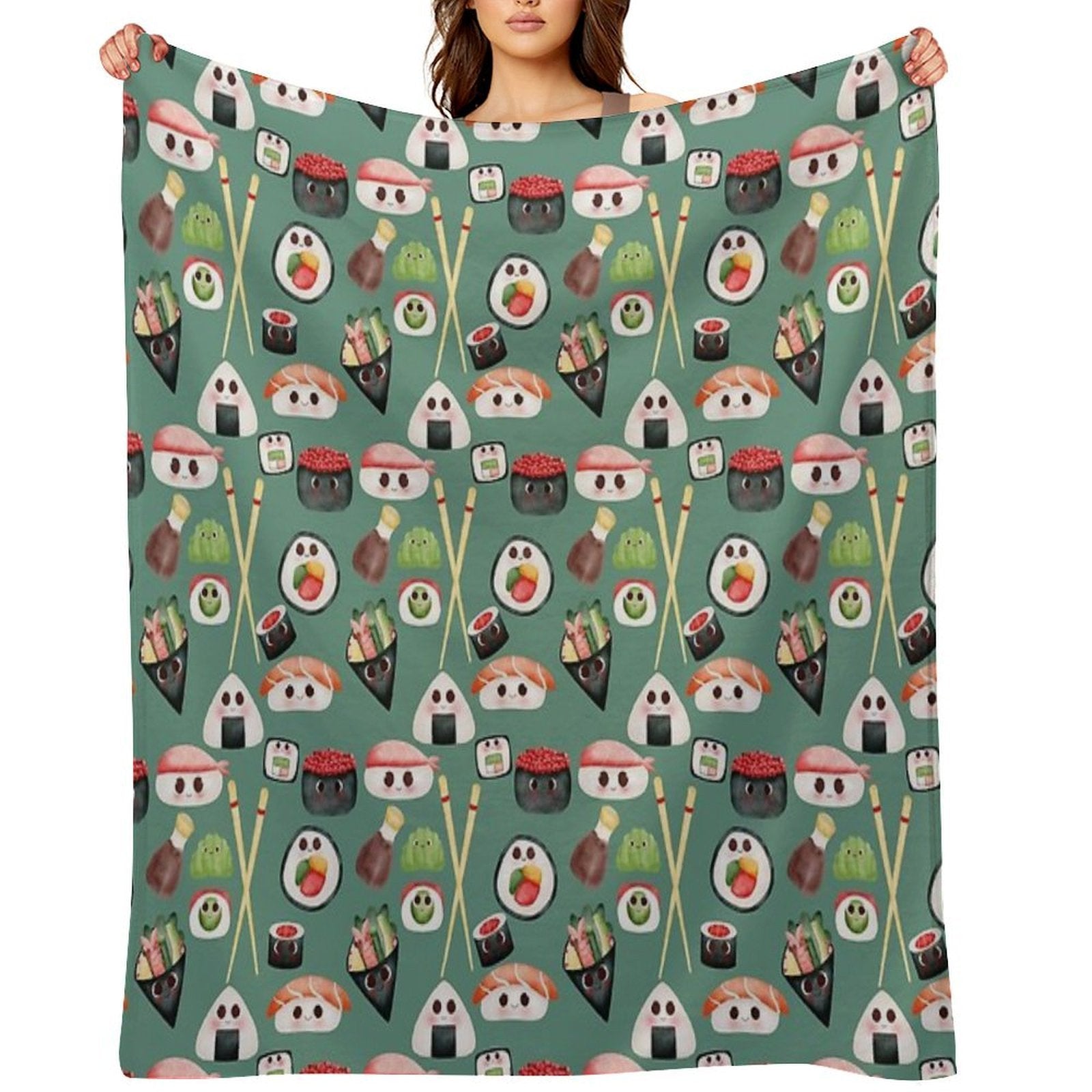 Kawaii Sushi Squad – Cute Japanese Food Illustration Plush Throw Blanket