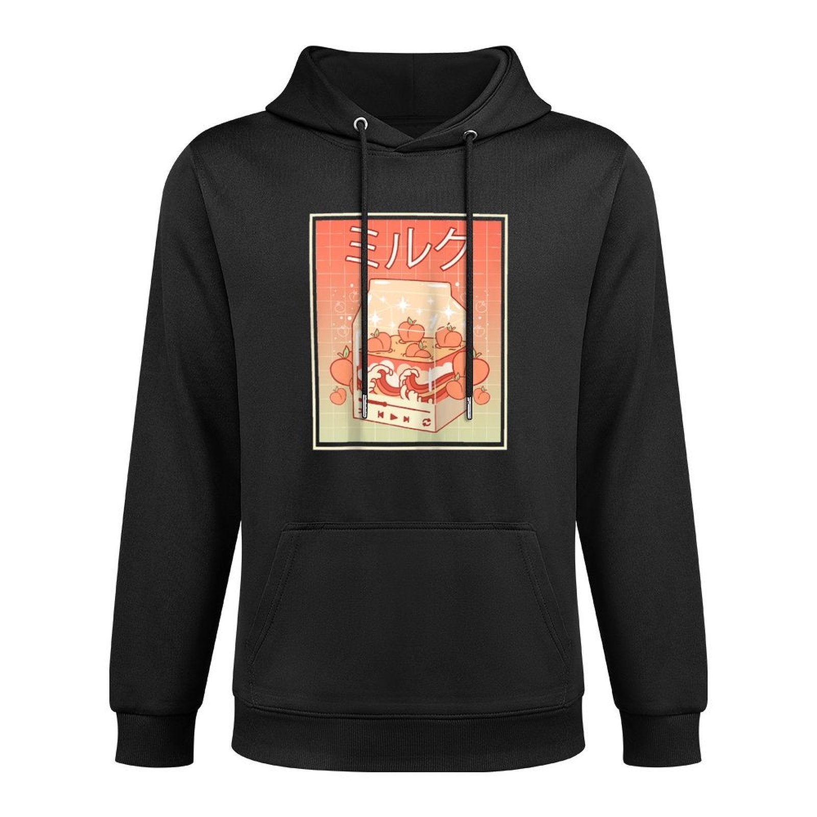 Kawaii Peach Milk Carton Kanagawa Wave Lofi Aesthetic Raglan Baseball Cotton-Polyester Blend Hoodie