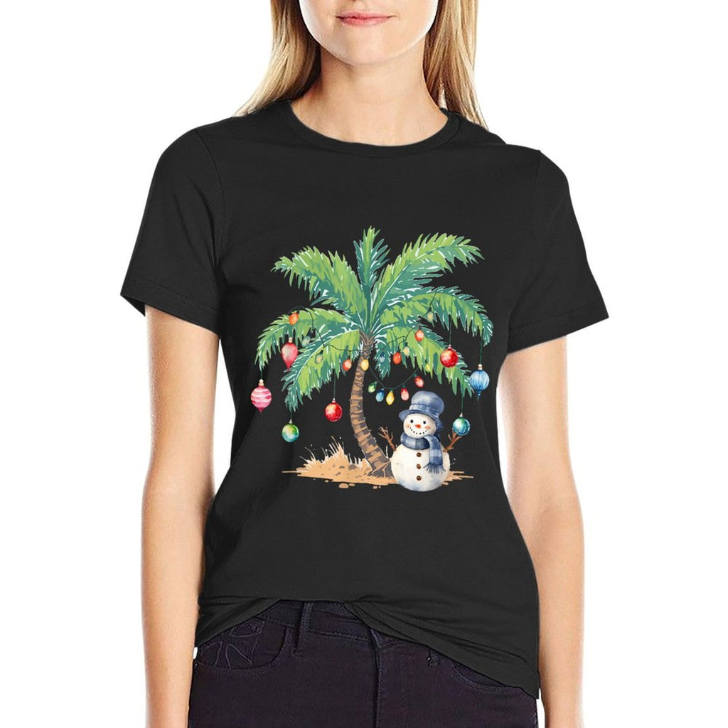Vintage Palm Tree Snowman Tropical Christmas Deck The Palms  Polyester Blend T-Shirt
