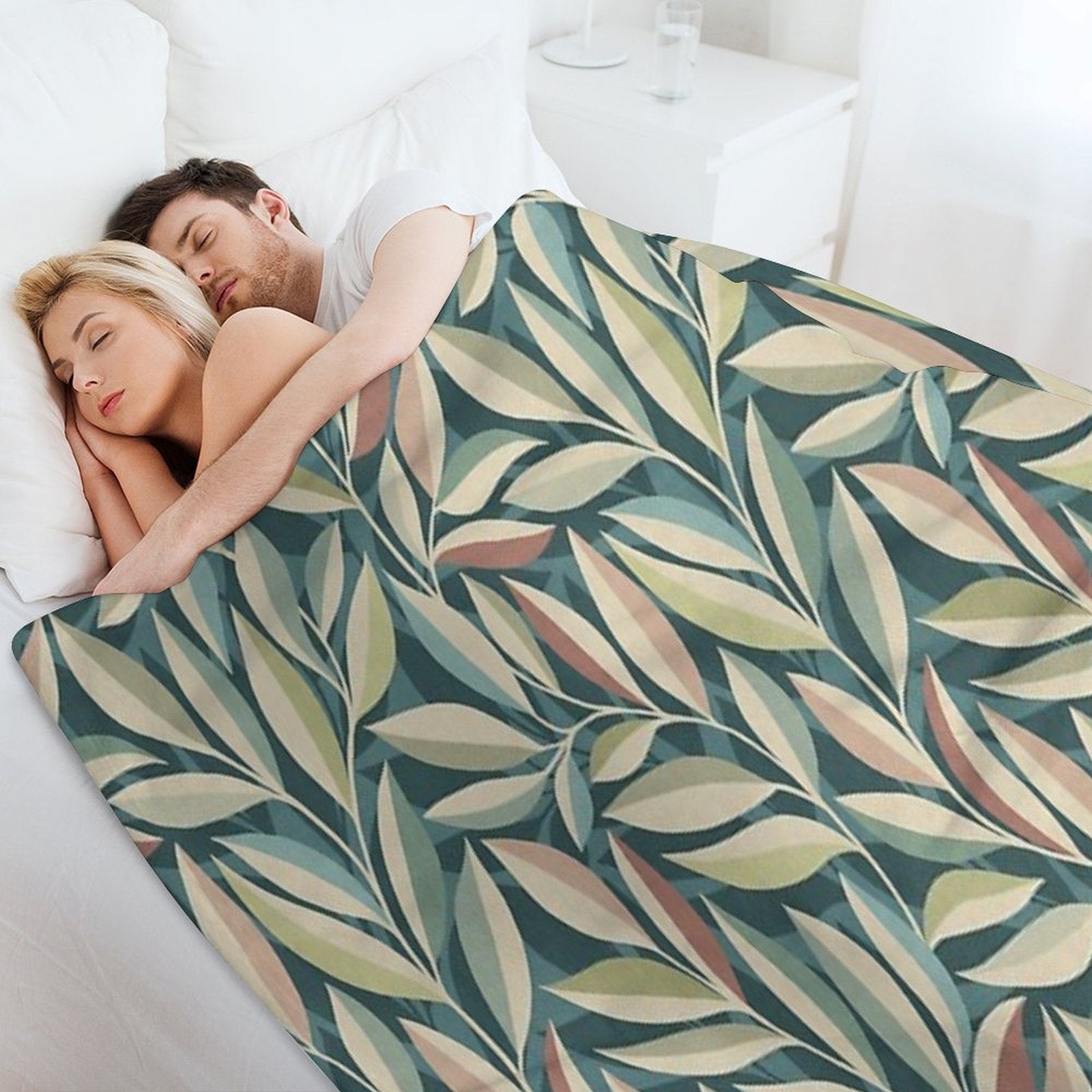 Peaceful Foliage And Shadows in Teal, Sage, Cream And Pink Pattern All-season Throw Blanket