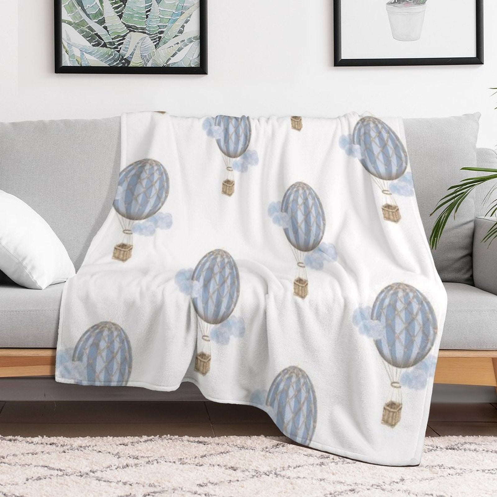 Blue Vintage Hot Air Balloon Sustainable Throw Blanket