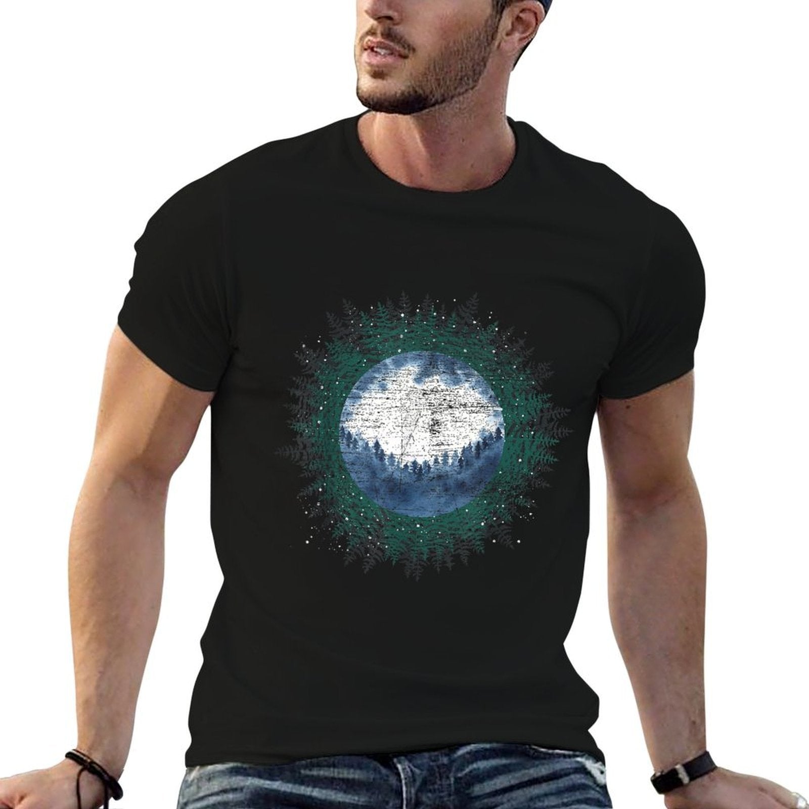 Moonlight Outdoor Wild Trees Wildlife Forest Moon Nature  Rolled Sleeves T-Shirt