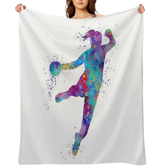Handball Girl Colorful Watercolor Silhouette Easy Care Throw Blanket
