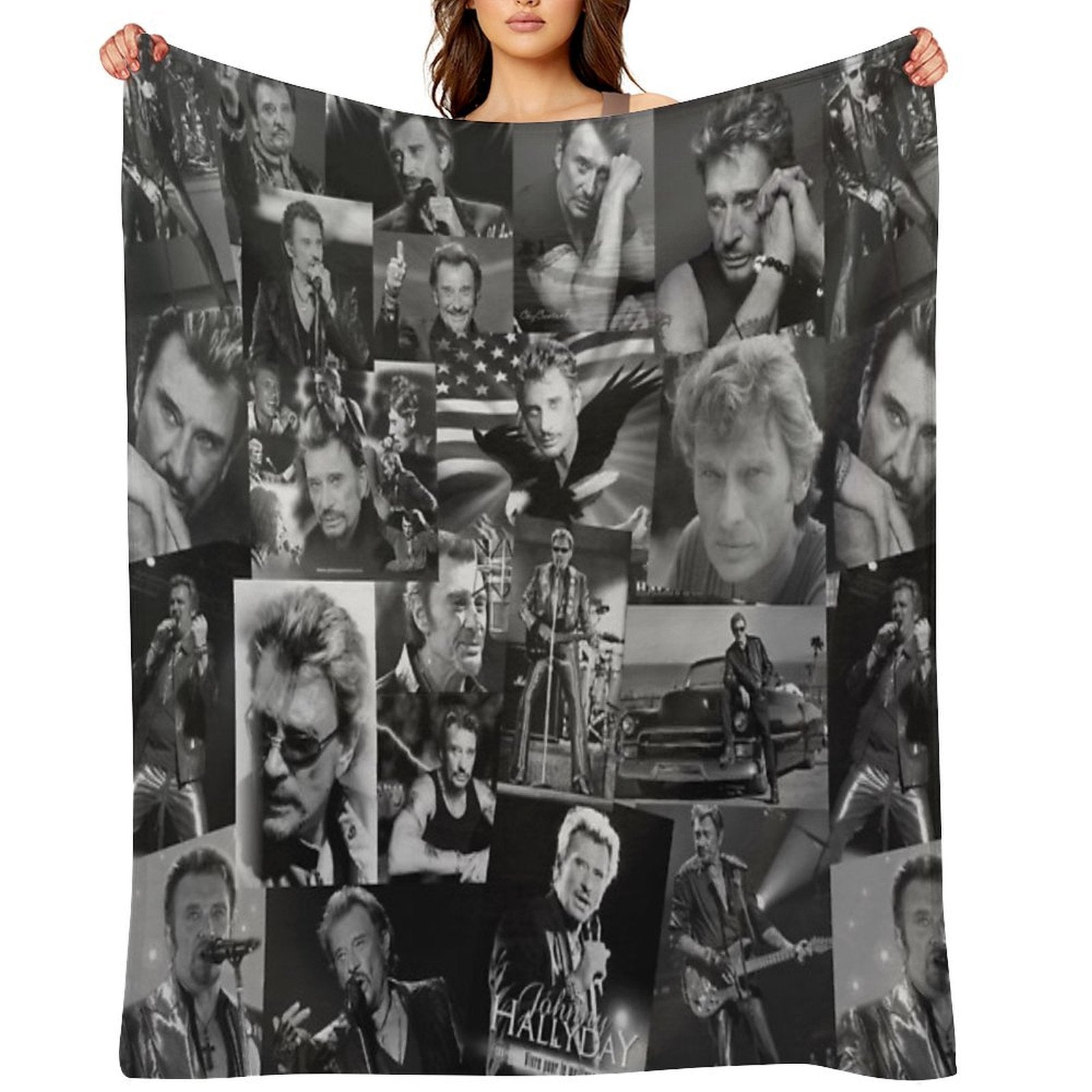 Johnny Hallyday French Singer Assorted Black And White Vintage Collage Premium Throw Blanket