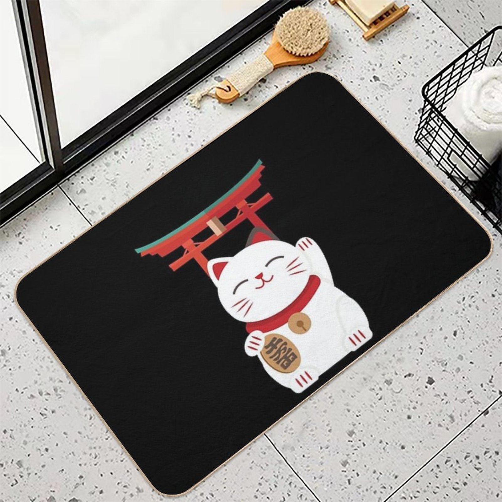 Japanese Blessing Lucky Cat  Dirt-Trapping Bath Mat