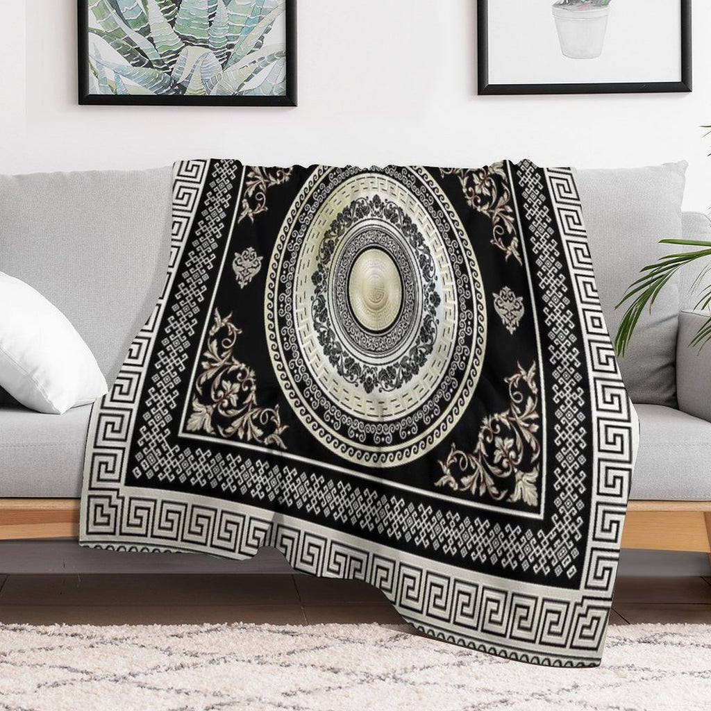 Greek Key Meander Cream Black Medallion Ornate Baroque Travel-friendly Throw Blanket