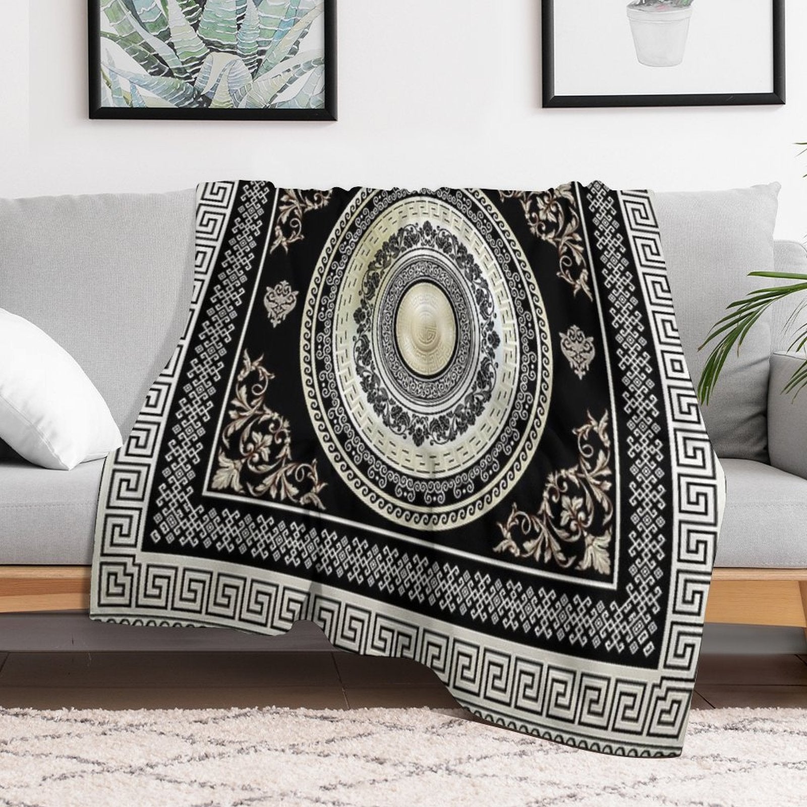 Greek Key Meander Cream Black Medallion Ornate Baroque Travel-friendly Throw Blanket