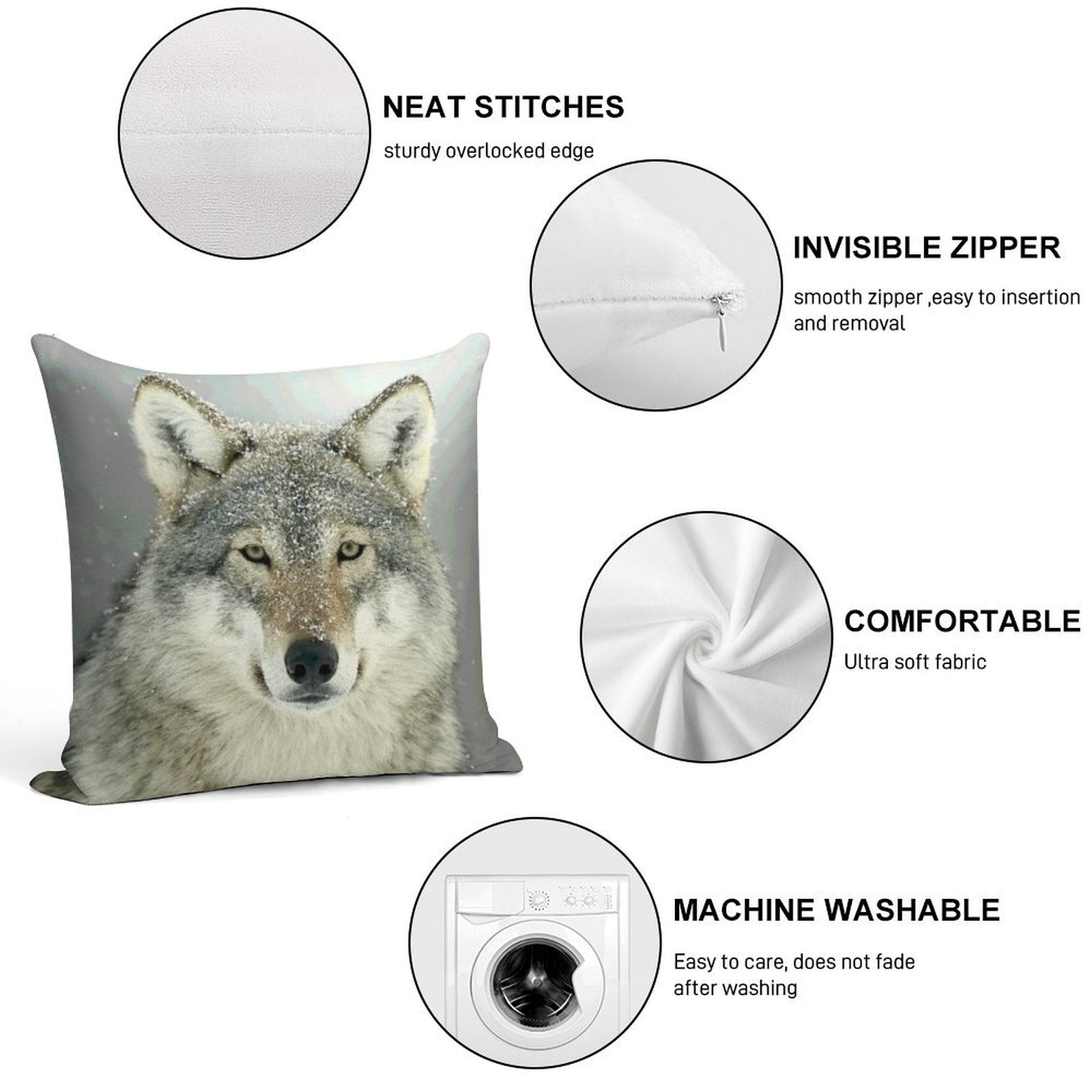 GREY WOLF Soft Shrink-Resistant Throw Pillow