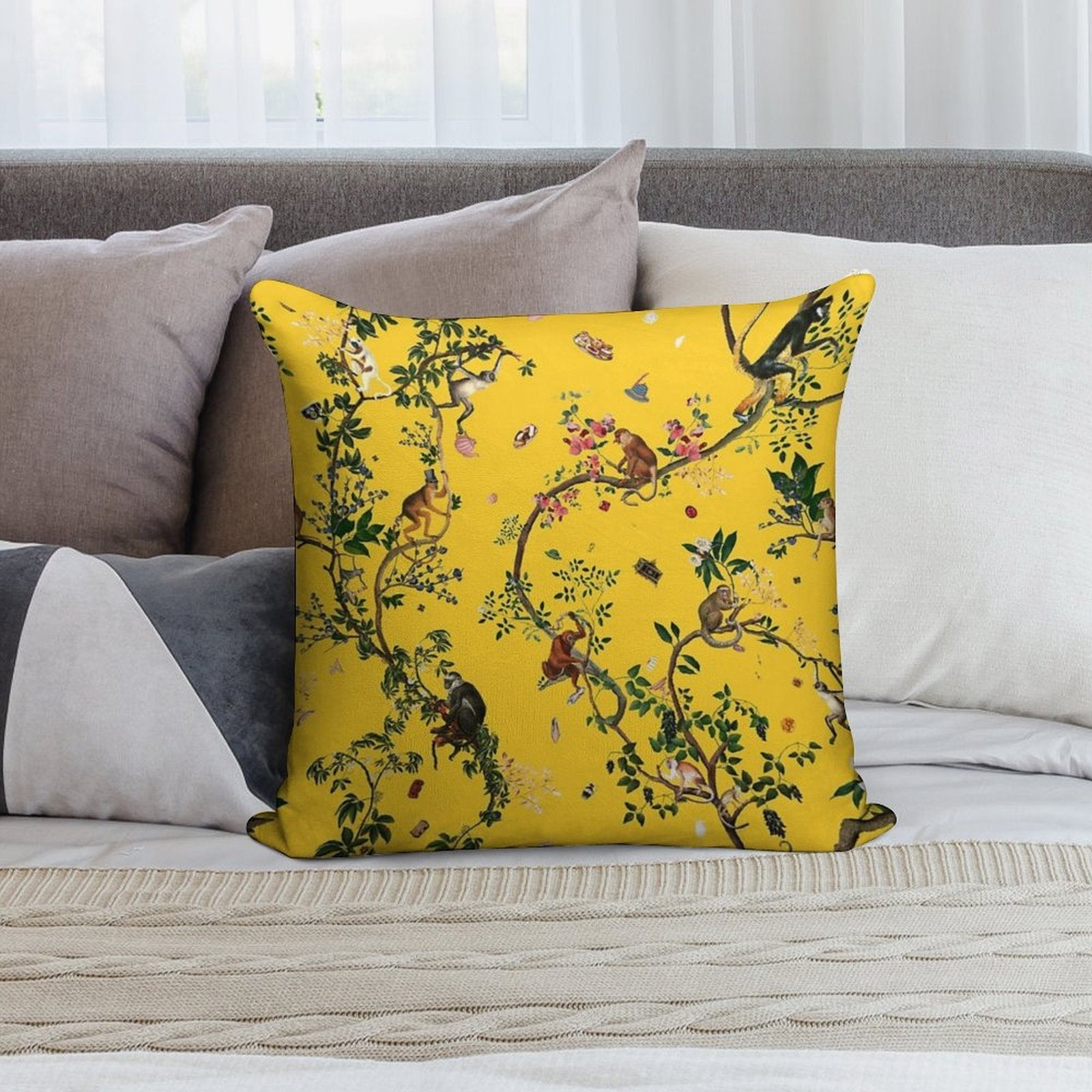 Monkey World Yellow Soft Washable Throw Pillow