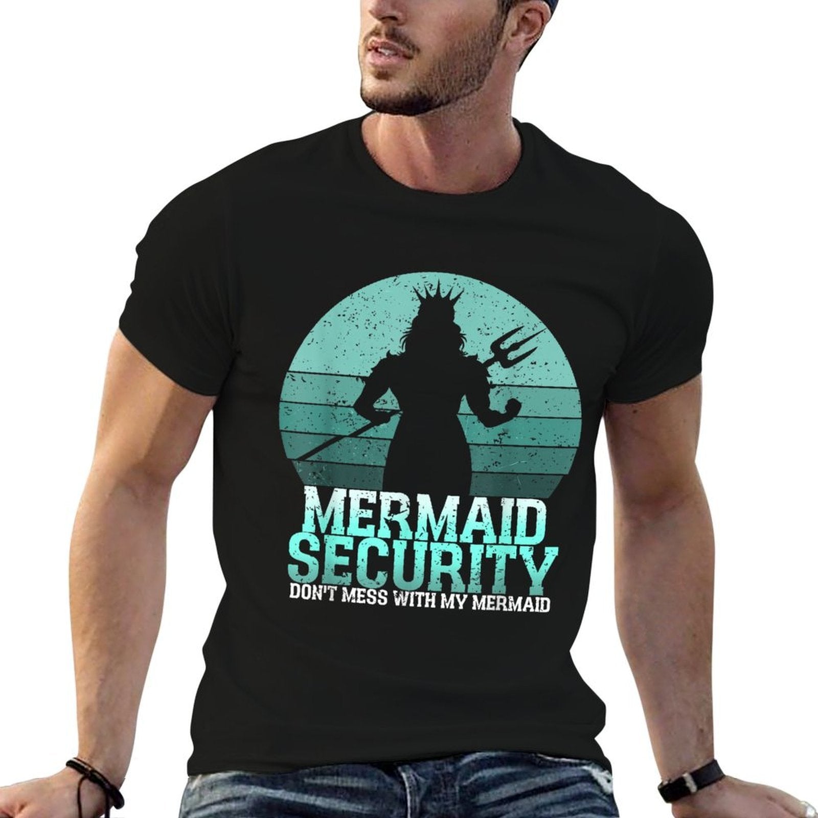 Mermaid Security Funny Vintage Birthday Party Dad Father Day  Wrinkle-resistant T-Shirt