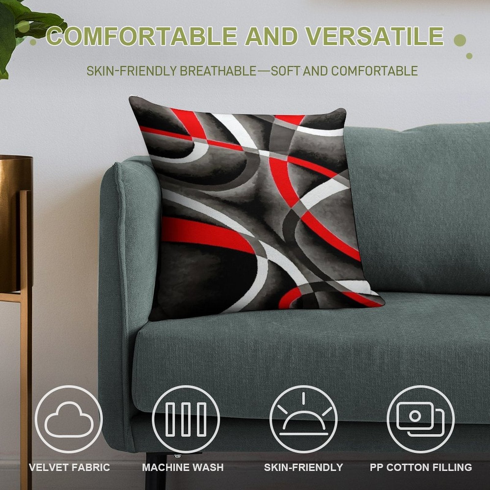 Eighties Red White Grey Line Curve Pattern On Black Soft Anti-Pilling Throw Pillow