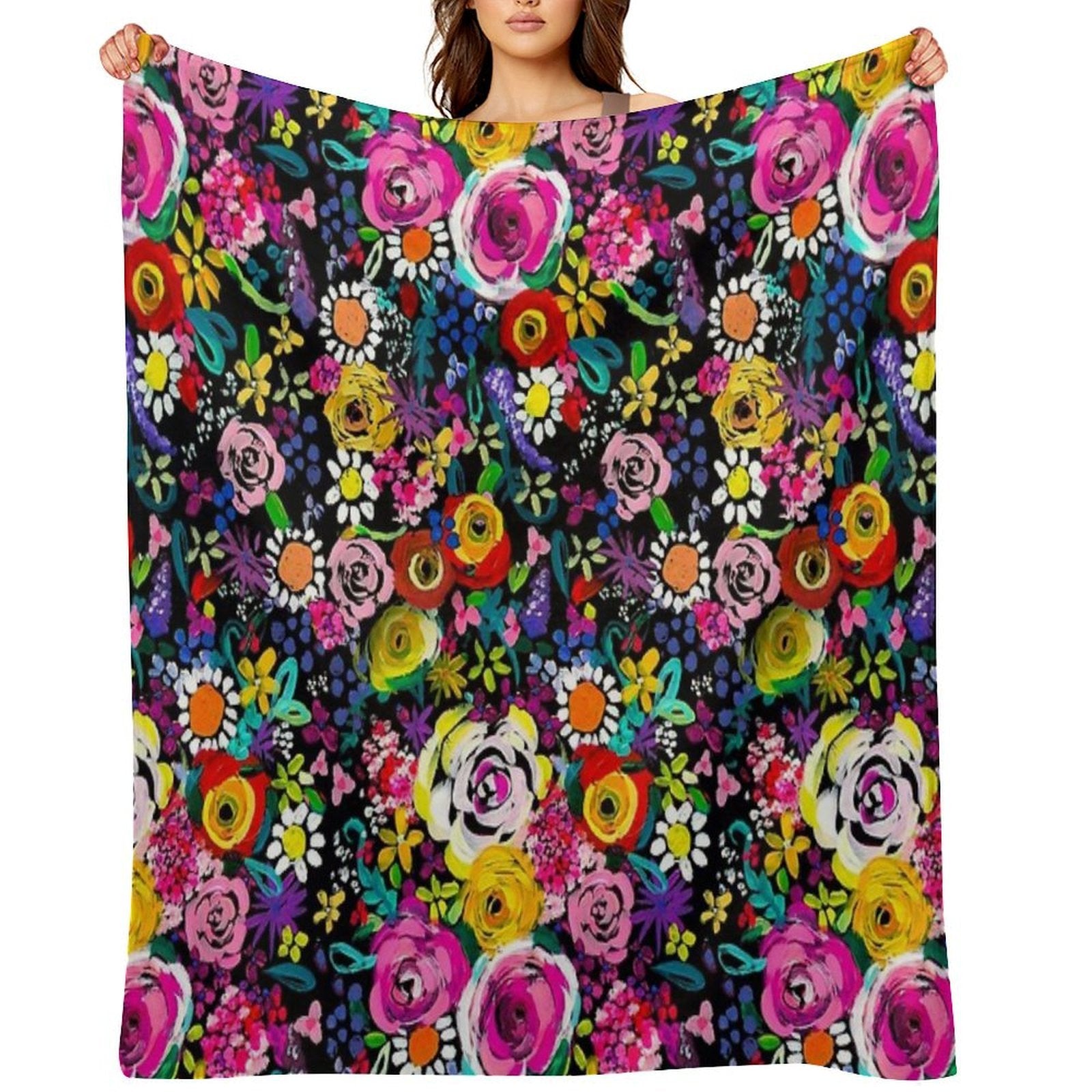 Les Fleurs Vibrant Floral Painting Print Lightweight Throw Blanket