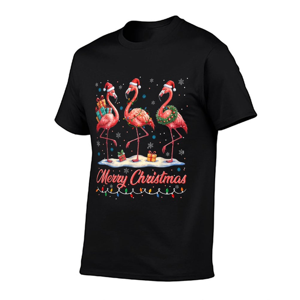 Merry Christmas Pink Flamingo Santa Xmas Womens Mens Kids  Cotton T-Shirt