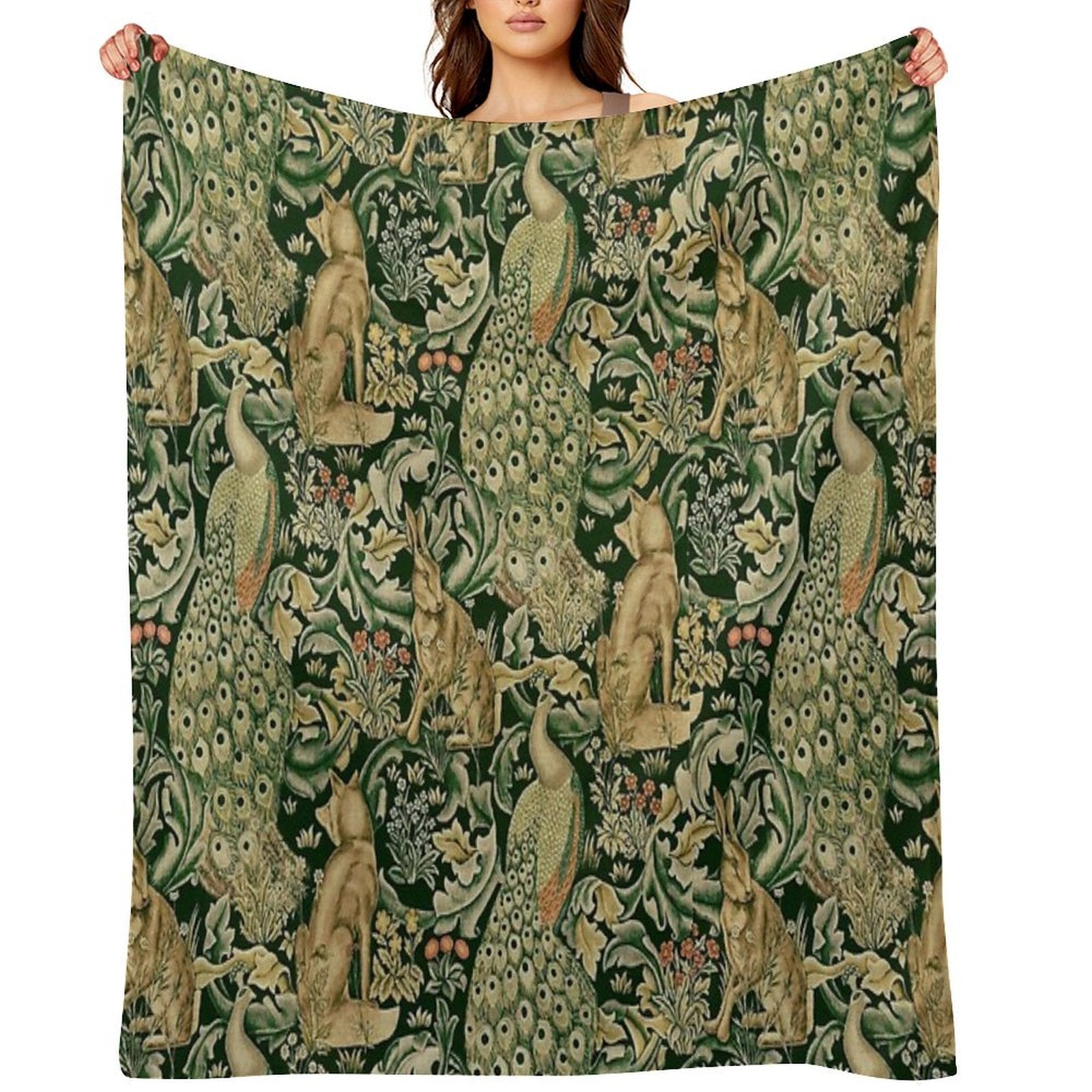 GREEN FOREST ANIMALS ,PEACOCKS, FOX AND HARE IN GREEN LEAVES,FLORAL PATTERN Shrink-resistant Throw Blanket