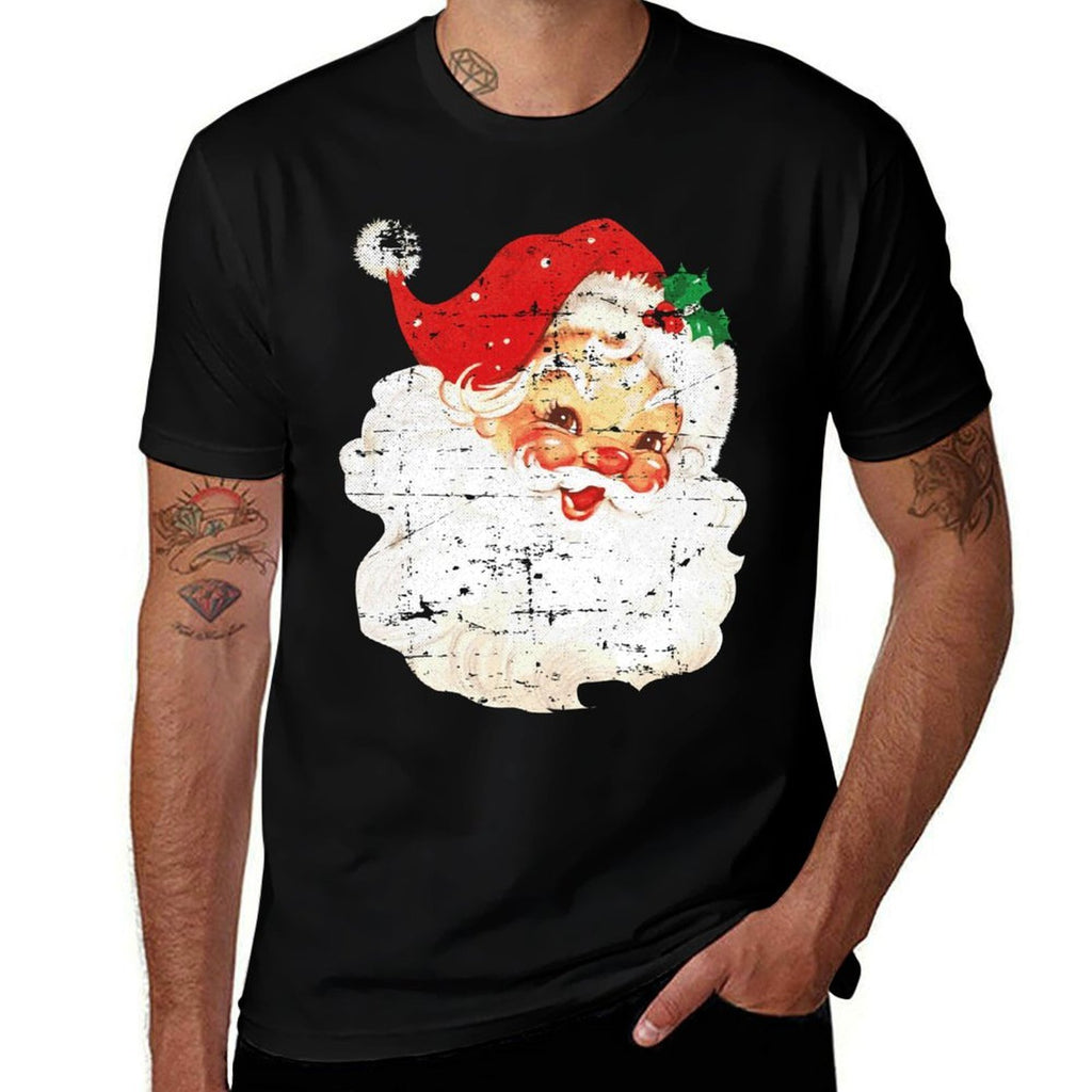 Distressed Vintage Santa Claus Face Old Fashioned Christmas  Wrinkle-resistant T-Shirt
