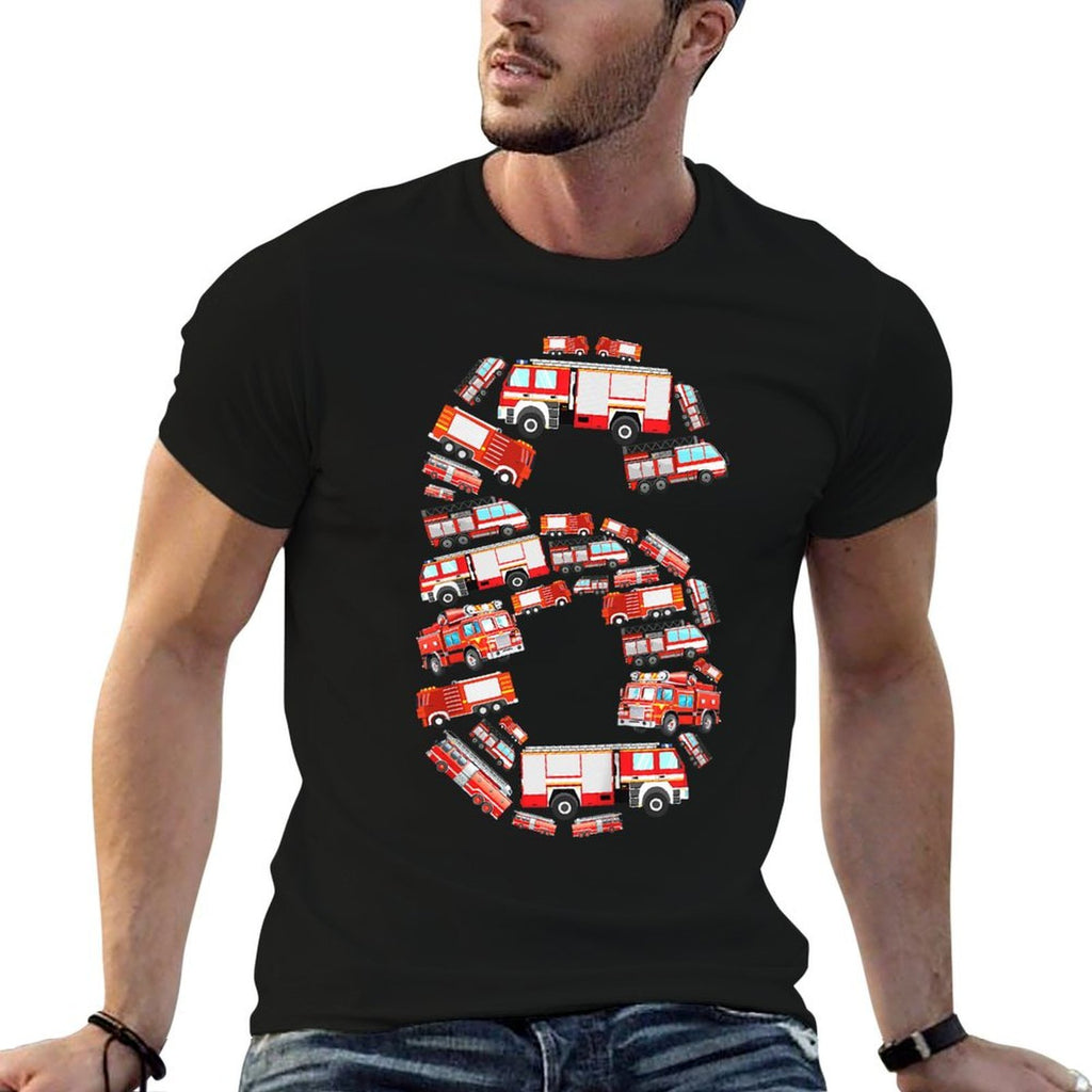 Kids Fire Truck, 6th Birthday Boy, 6 Year Old Toddler Firefighter  Rolled Sleeves T-Shirt