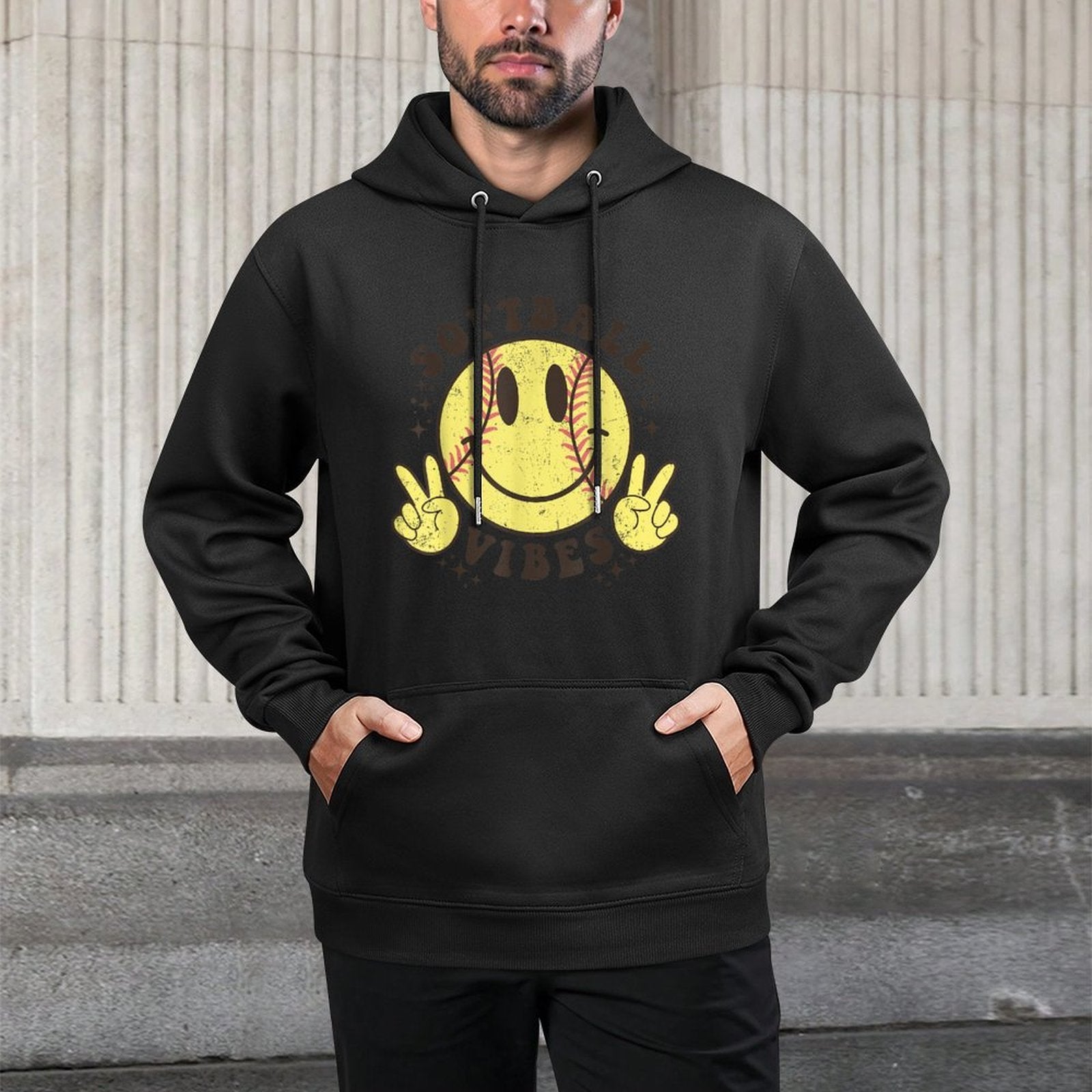 Smile Face Softball Vibes, Game Day Softball Life Mom Retro Adjustable Hood Hoodie