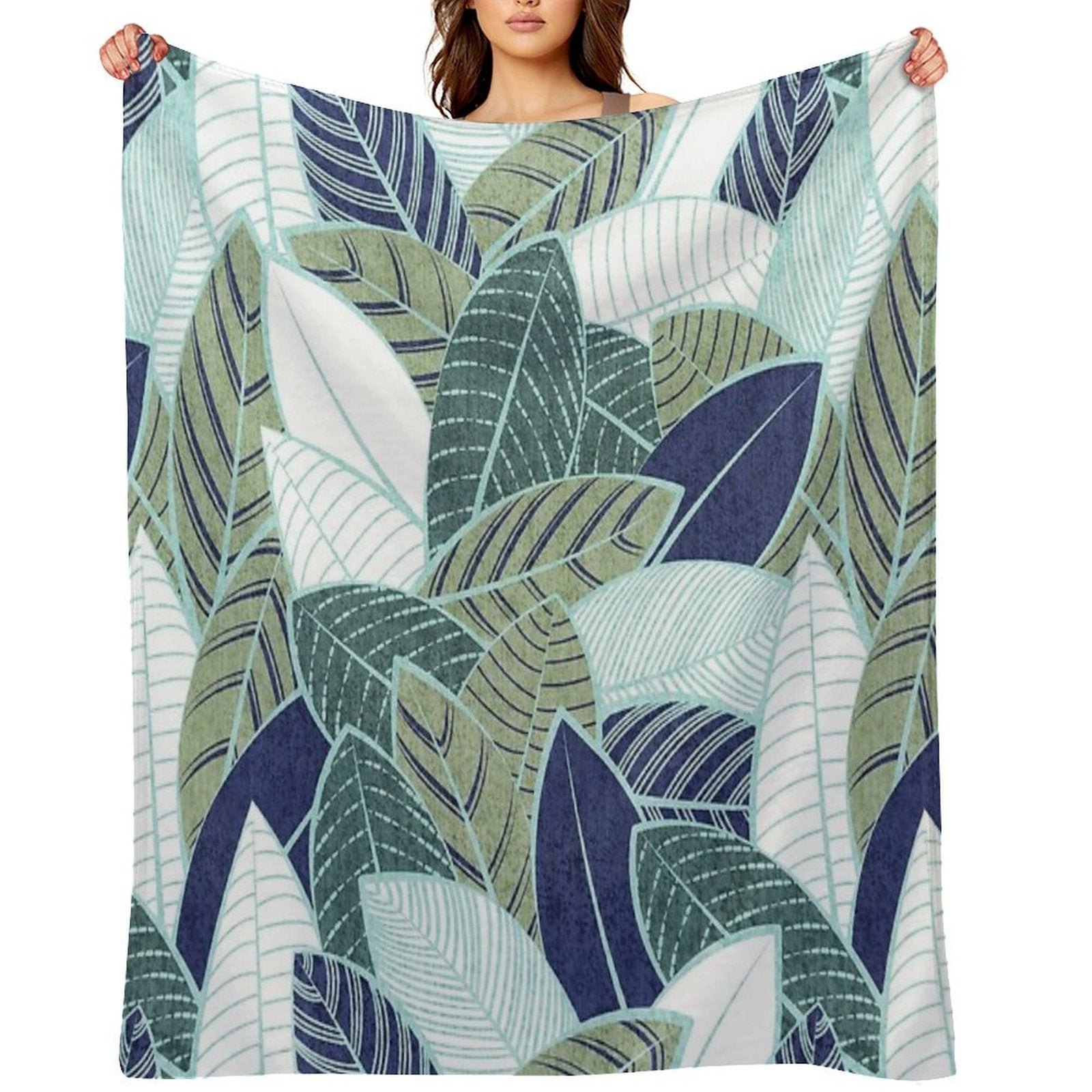 Leaf Wall  Navy Blue Pine And Sage Green Leaves Mint Lines Anti-pilling Throw Blanket