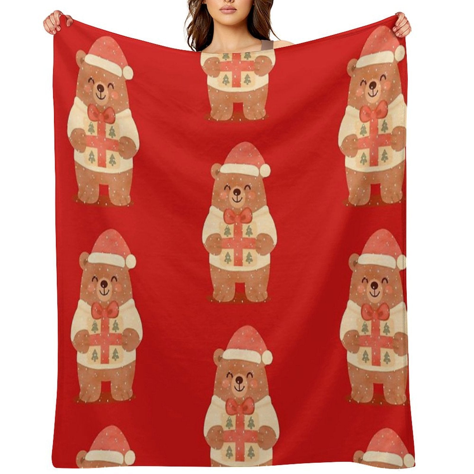 Cute Christmas Bear with Gift – Holiday Winter Illustration Eco-conscious Throw Blanket