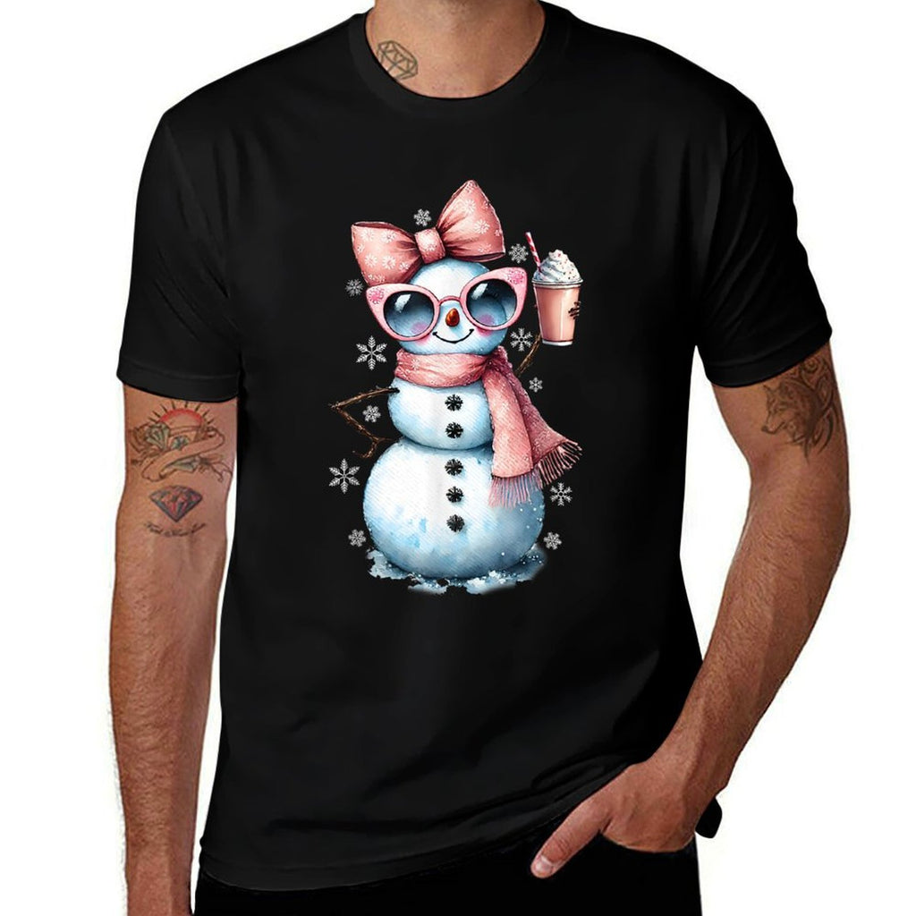 Xmas Snowman Drinking Hot Chocolate Bougie Women Christmas  Oversized Silhouette T-Shirt