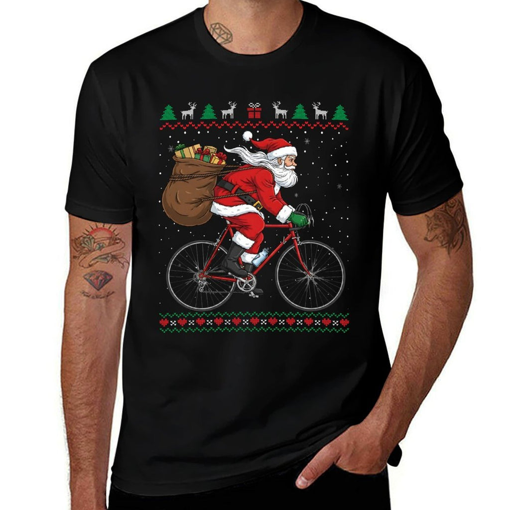 Santa Claus Riding Bicycle Christmas Funny Ugly Sweater  Easy-care T-Shirt