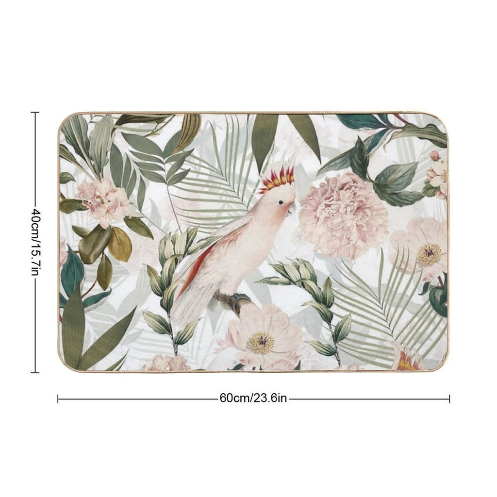 Tropical Cockatoo And Jungle Botanical Garden Pattern - White  Non-Slip Bath Mat