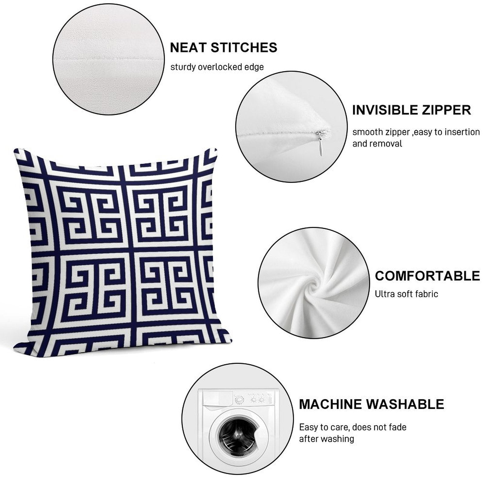 Greek Key Navy Blue And White Pattern Soft Multiple Sizes Throw Pillow