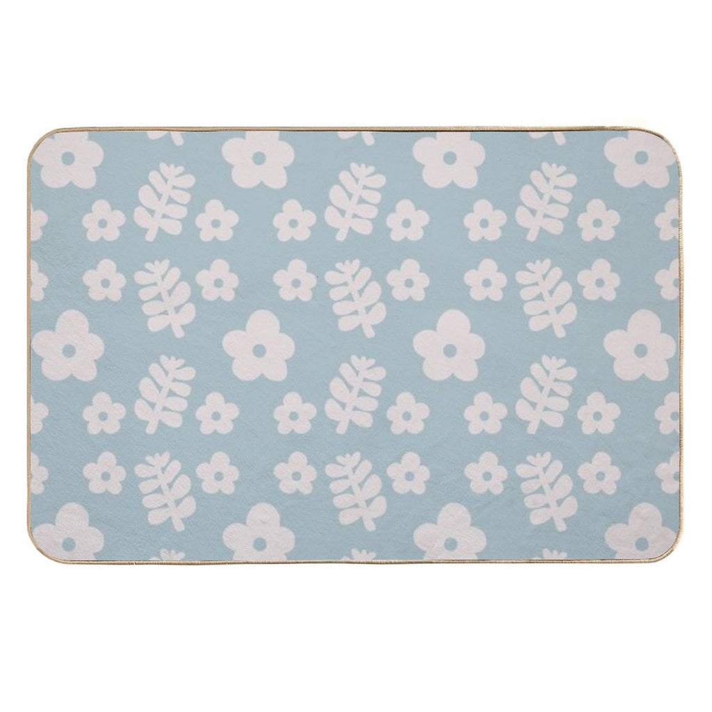Mid Century Modern Flowers & Leaves, Cute Retro Pattern, Sky Blue  Easy Maintenance Bath Mat