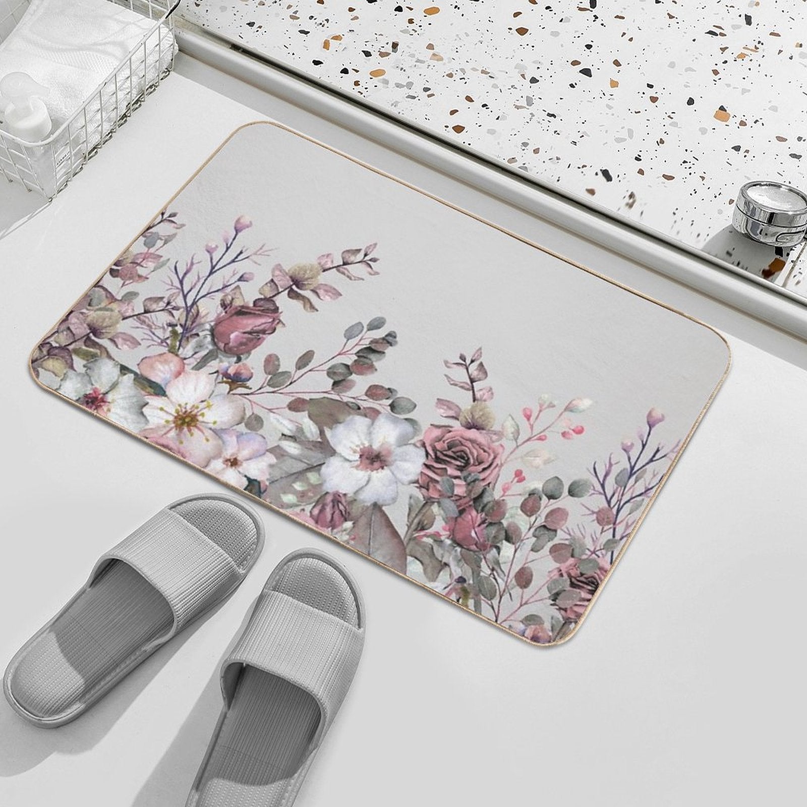Vintage Pink Mauve Spring Blooms Watercolor Illustration Art  Rapid-Drying Bath Mat