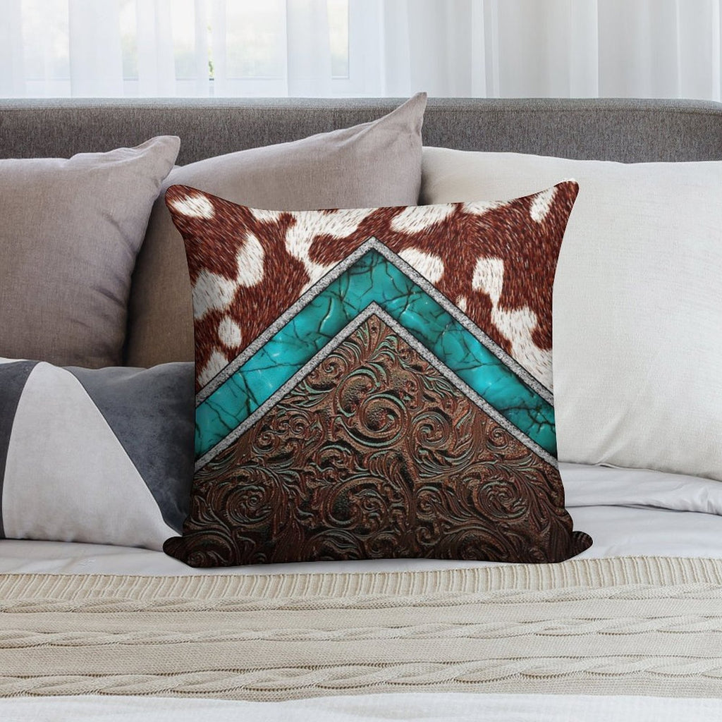 Western Cowgirl Pattern Cowhide Turquoise And Tooled Leather Soft Skin-Friendly Throw Pillow
