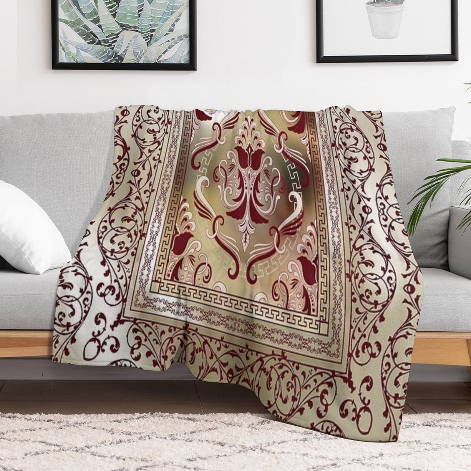 Maroon Baroque Ornate Floral Greek Key Velvety-soft Throw Blanket