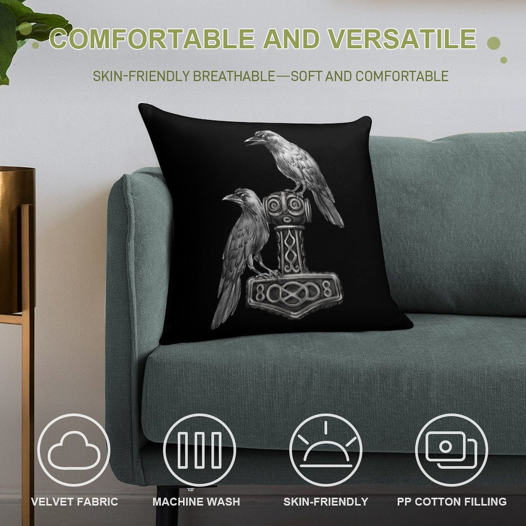 Thor Hammer Mjölnir with Odin Ravens Hugin And Munin Soft Easy Maintenance Throw Pillow