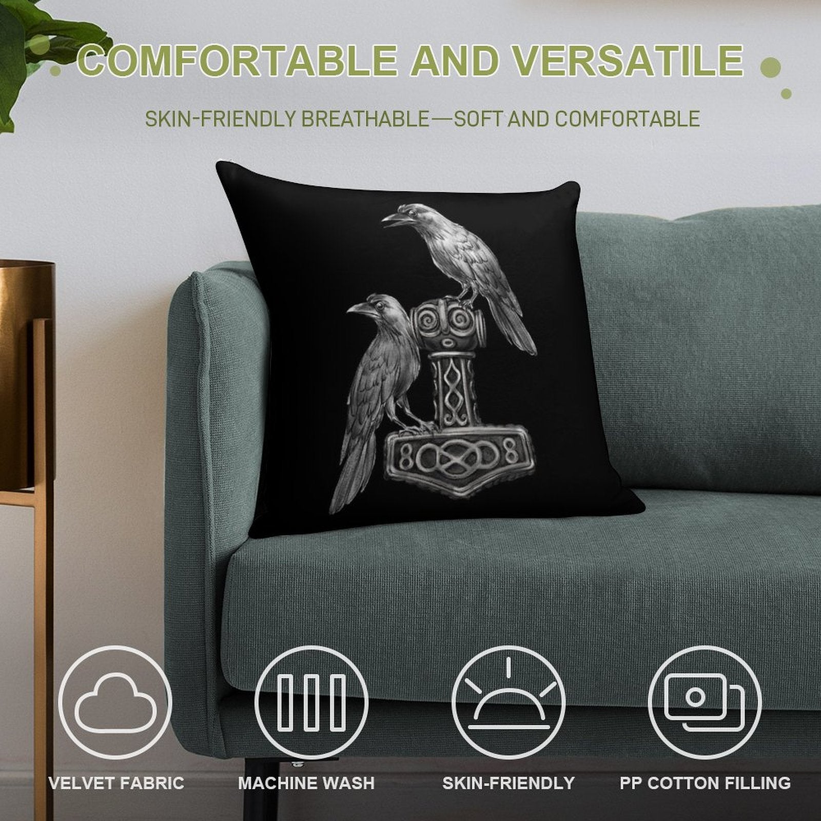 Thor Hammer Mjölnir with Odin Ravens Hugin And Munin Soft Easy Maintenance Throw Pillow