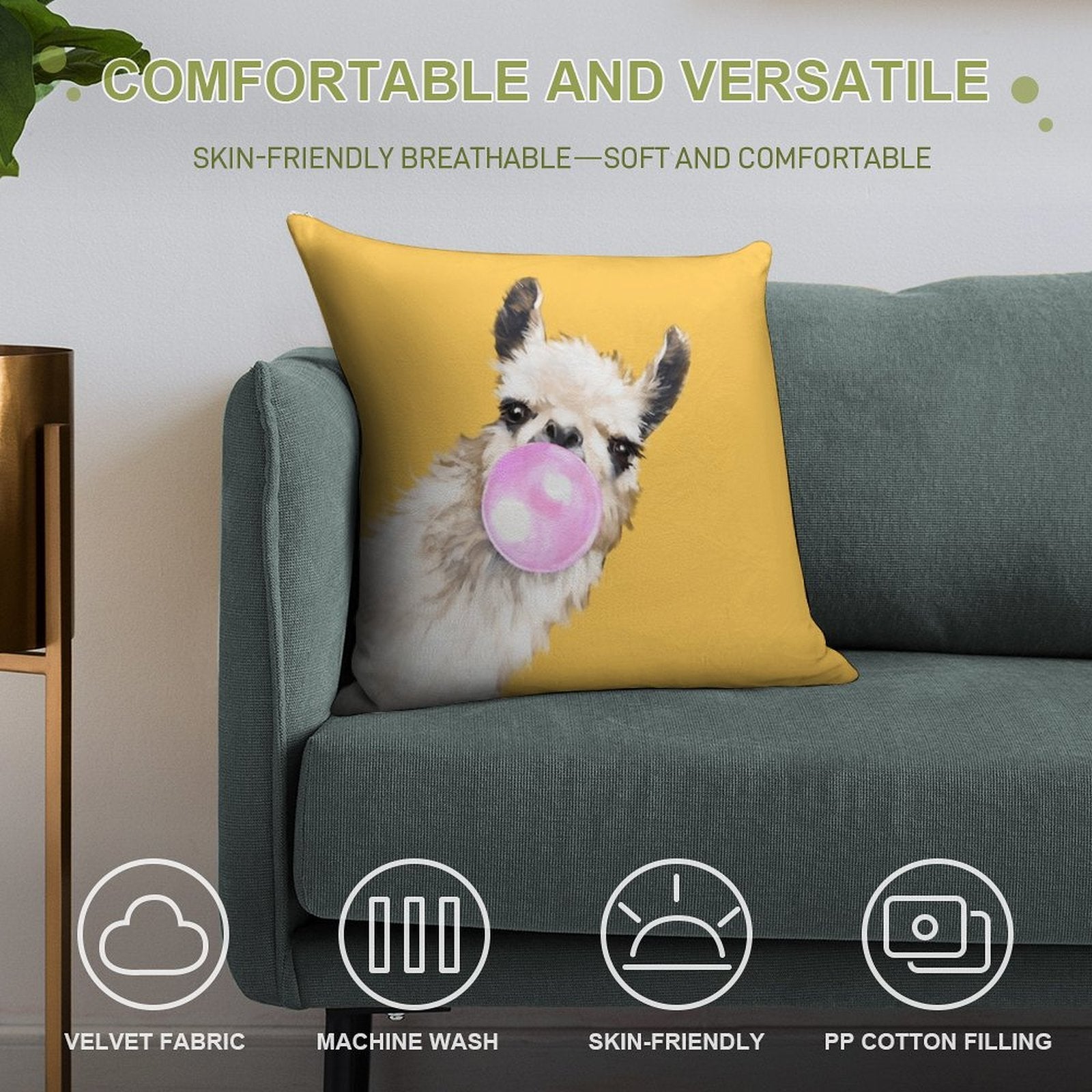 Bubble Gum Sneaky Llama in Mustard Yellow Soft Home Decor Throw Pillow