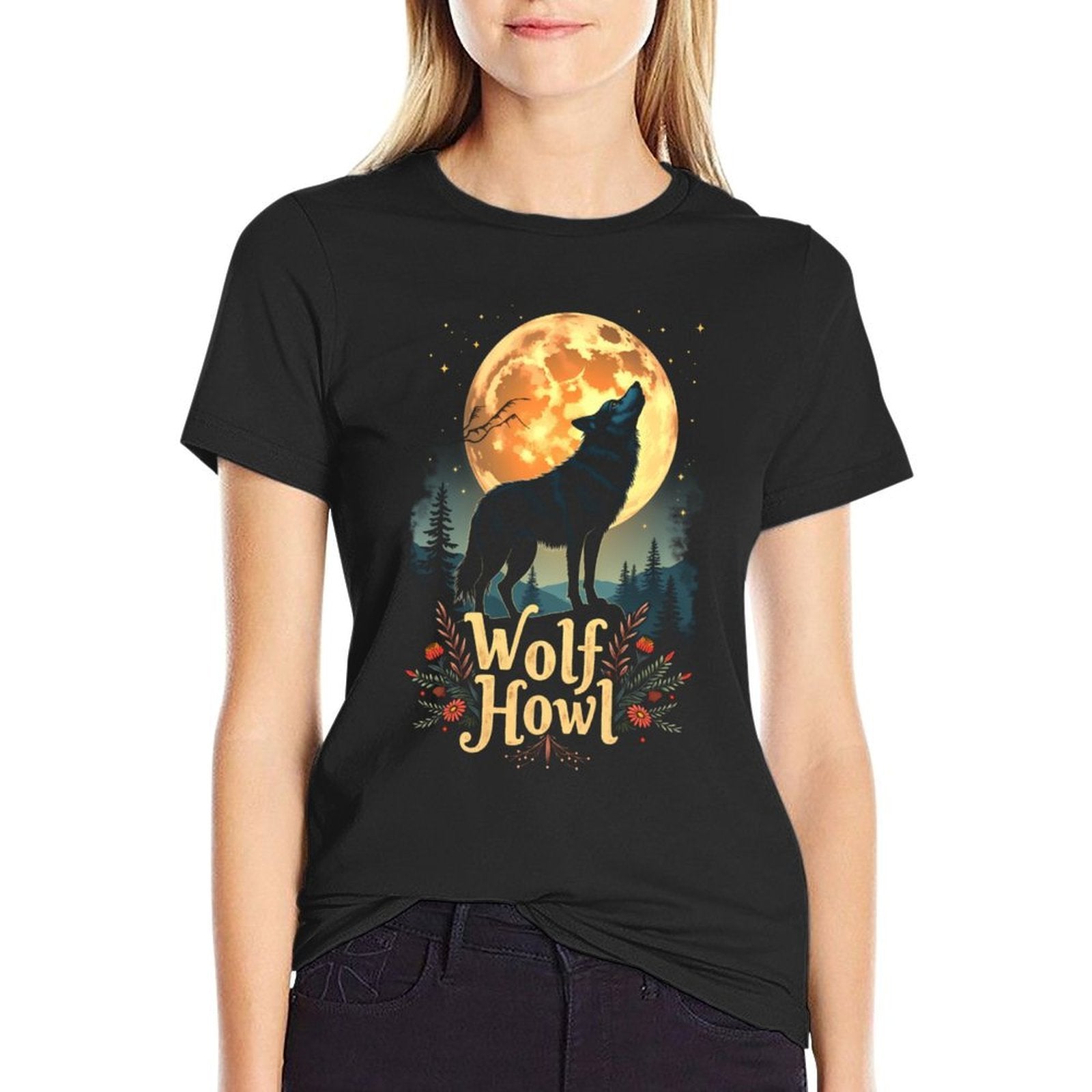 Wolf Howl Moon Graphic - Forest Animals Men’s Women’s  Ribbed Collar T-Shirt