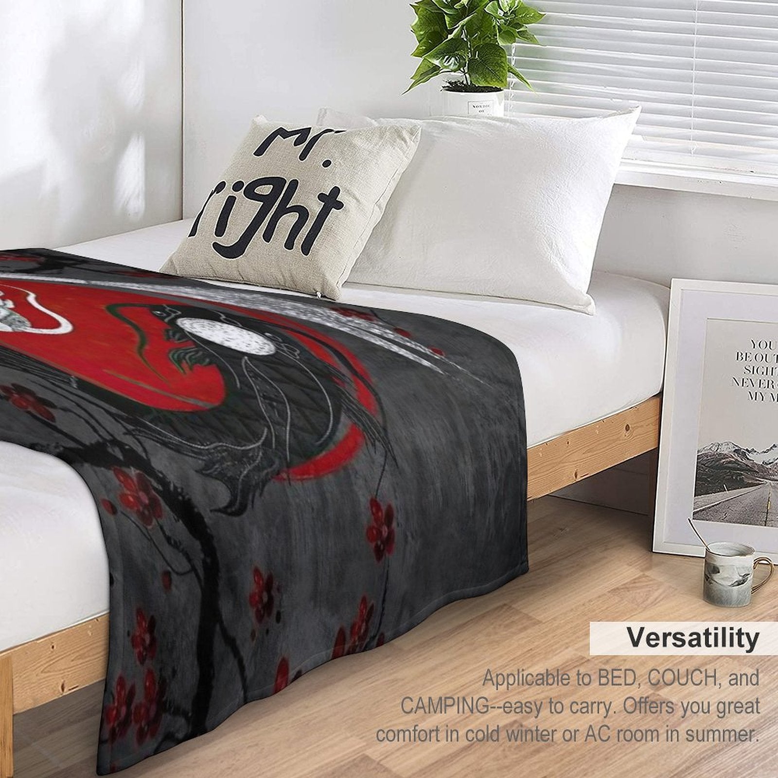Japanese Ying Yang Koi Fish And Sakura Red & Gray Premium Throw Blanket