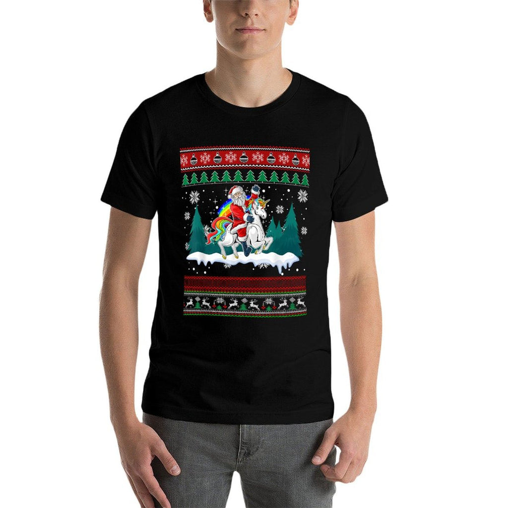 Santa Claus Riding On A Unicorn Ugly Christmas Funny  Rolled Sleeves T-Shirt