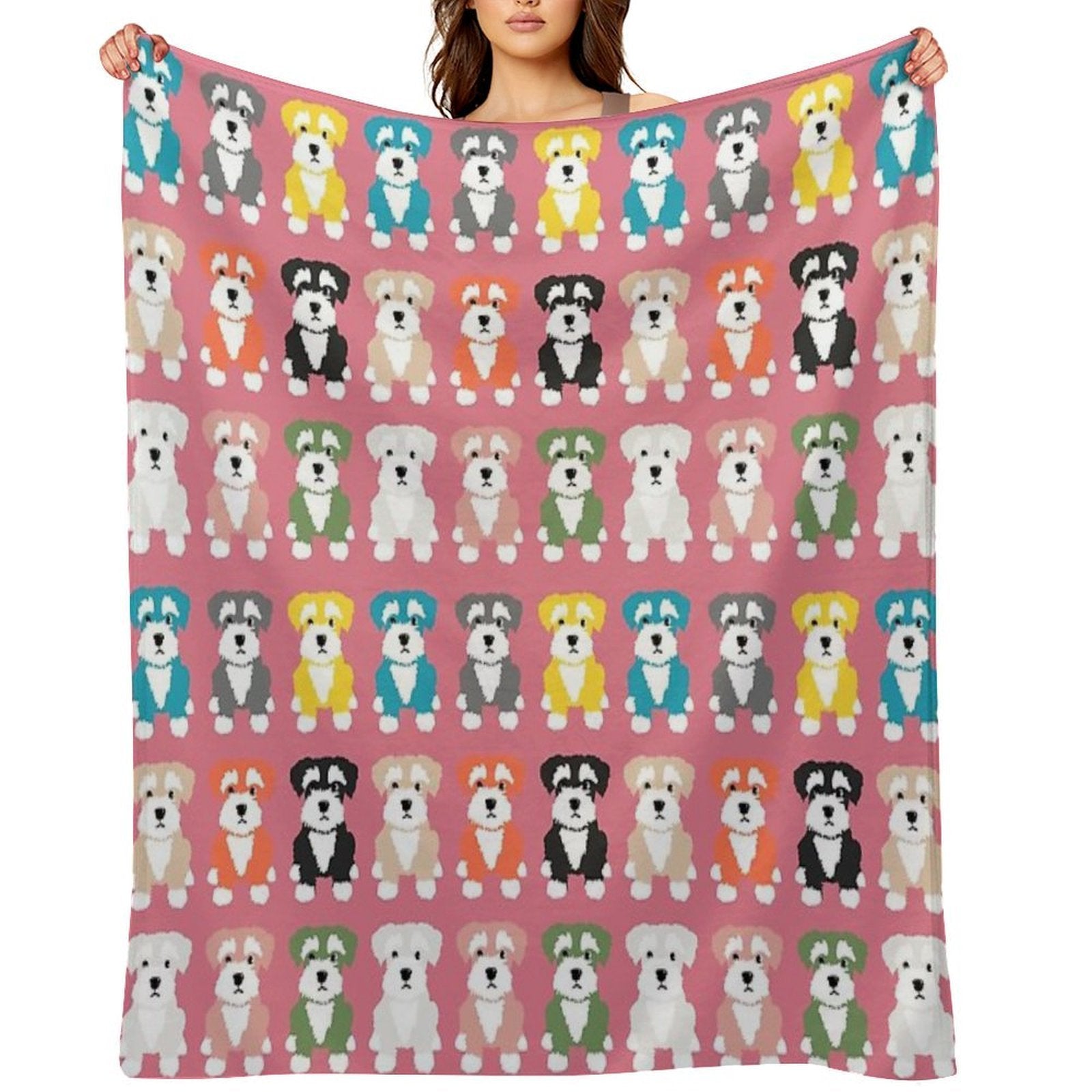Rainbow of Miniature Schnauzer Dogs on Rose Pink Background Machine-washable Throw Blanket
